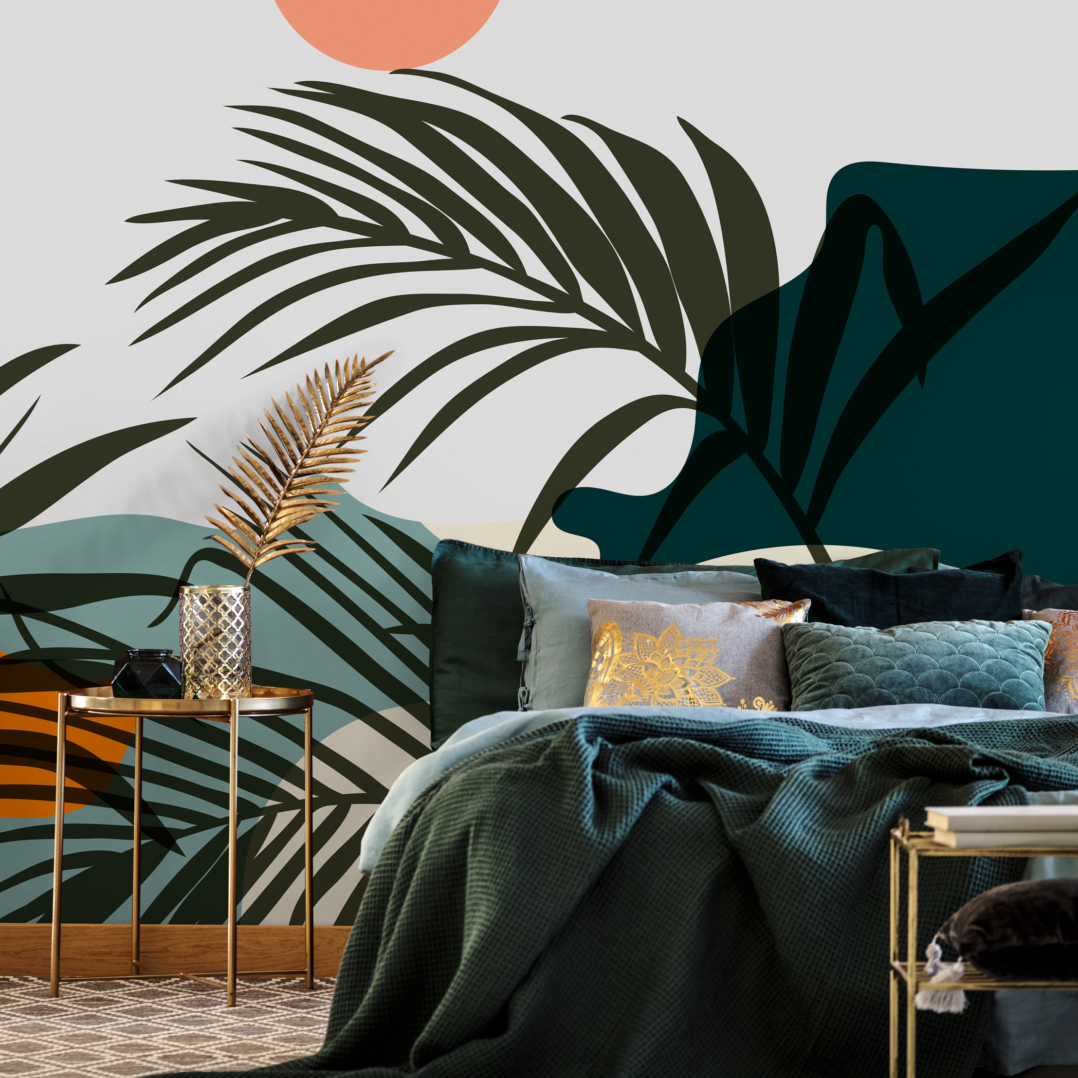Tropical Wallpaper With Abstract Leaf Shapes In Teal, Orange, And Dark Green - C080
