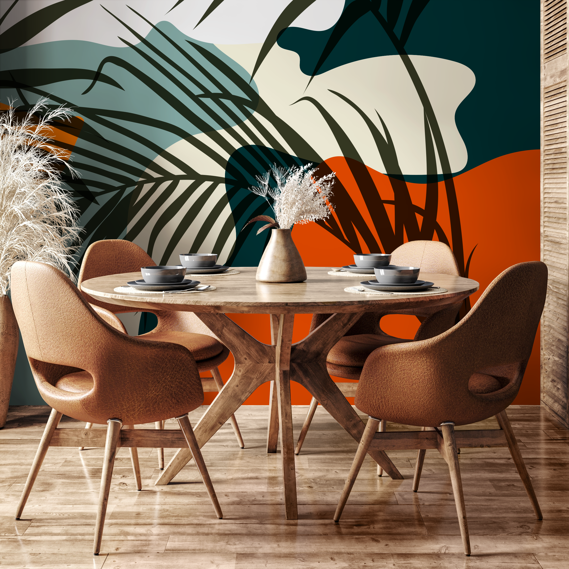 Tropical Wallpaper With Abstract Leaf Shapes In Teal, Orange, And Dark Green - C080