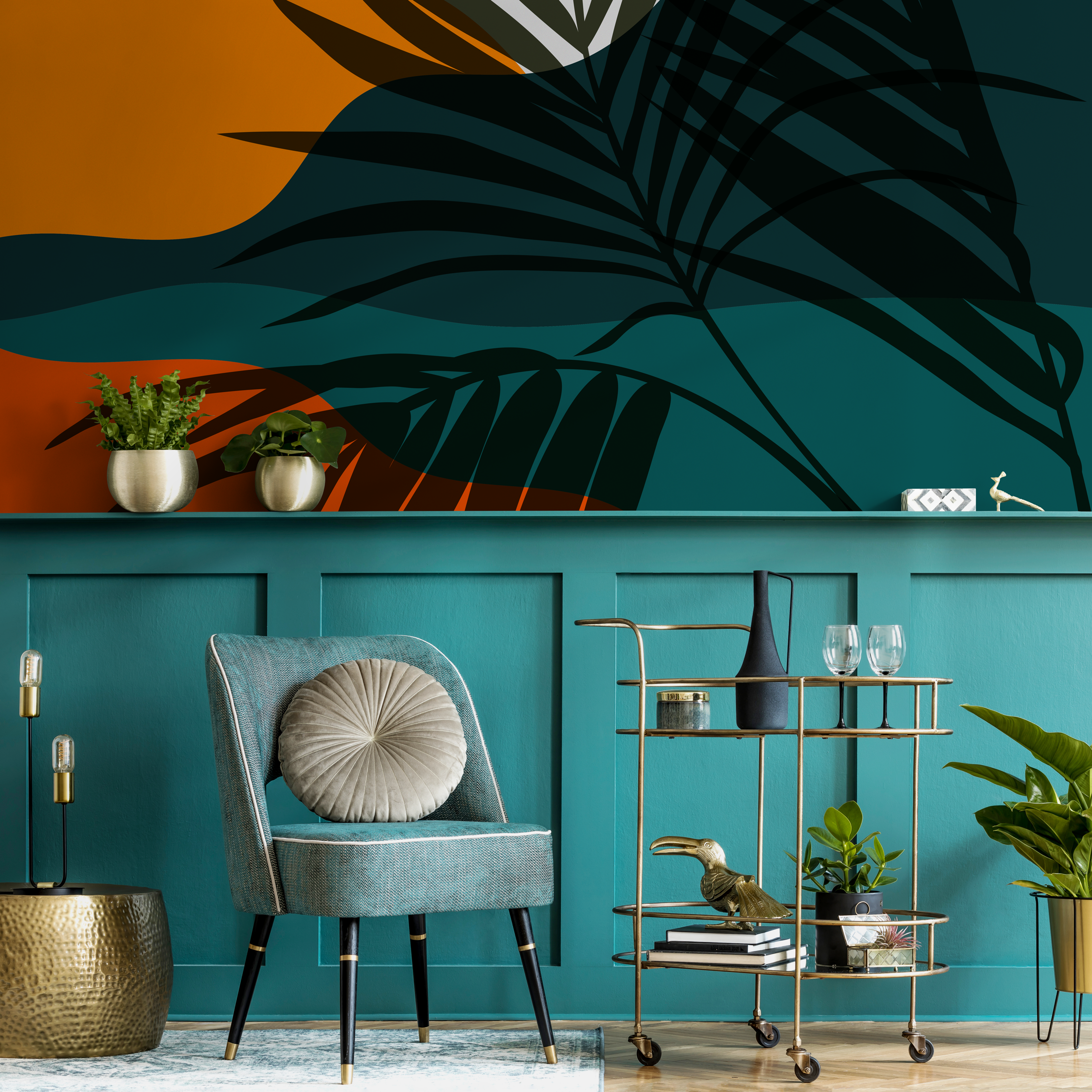 Botanical Wallpaper With Abstract Palm Leaves In Teal, Yellow, And Green - C081
