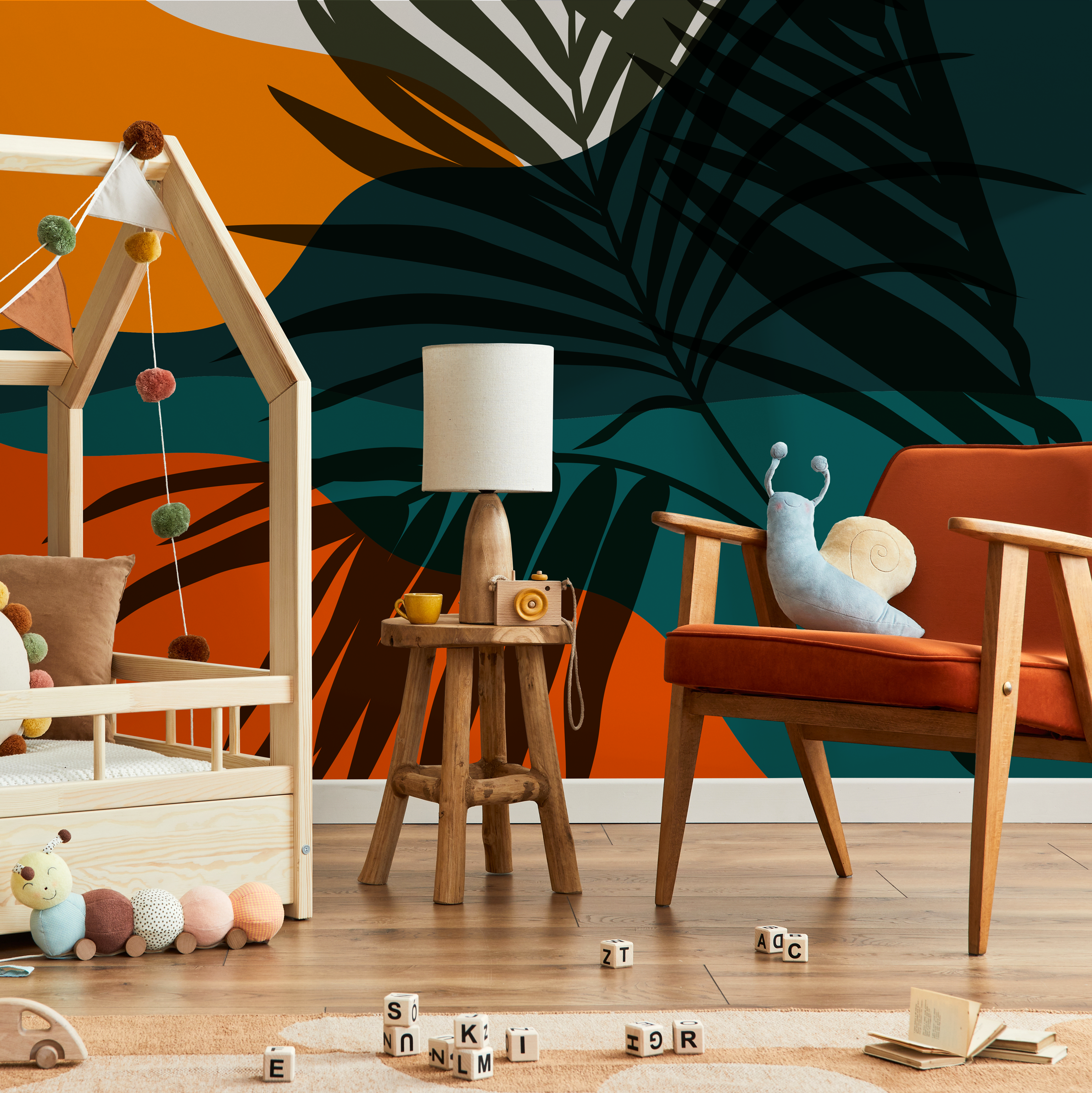 Botanical Wallpaper With Abstract Palm Leaves In Teal, Yellow, And Green - C081