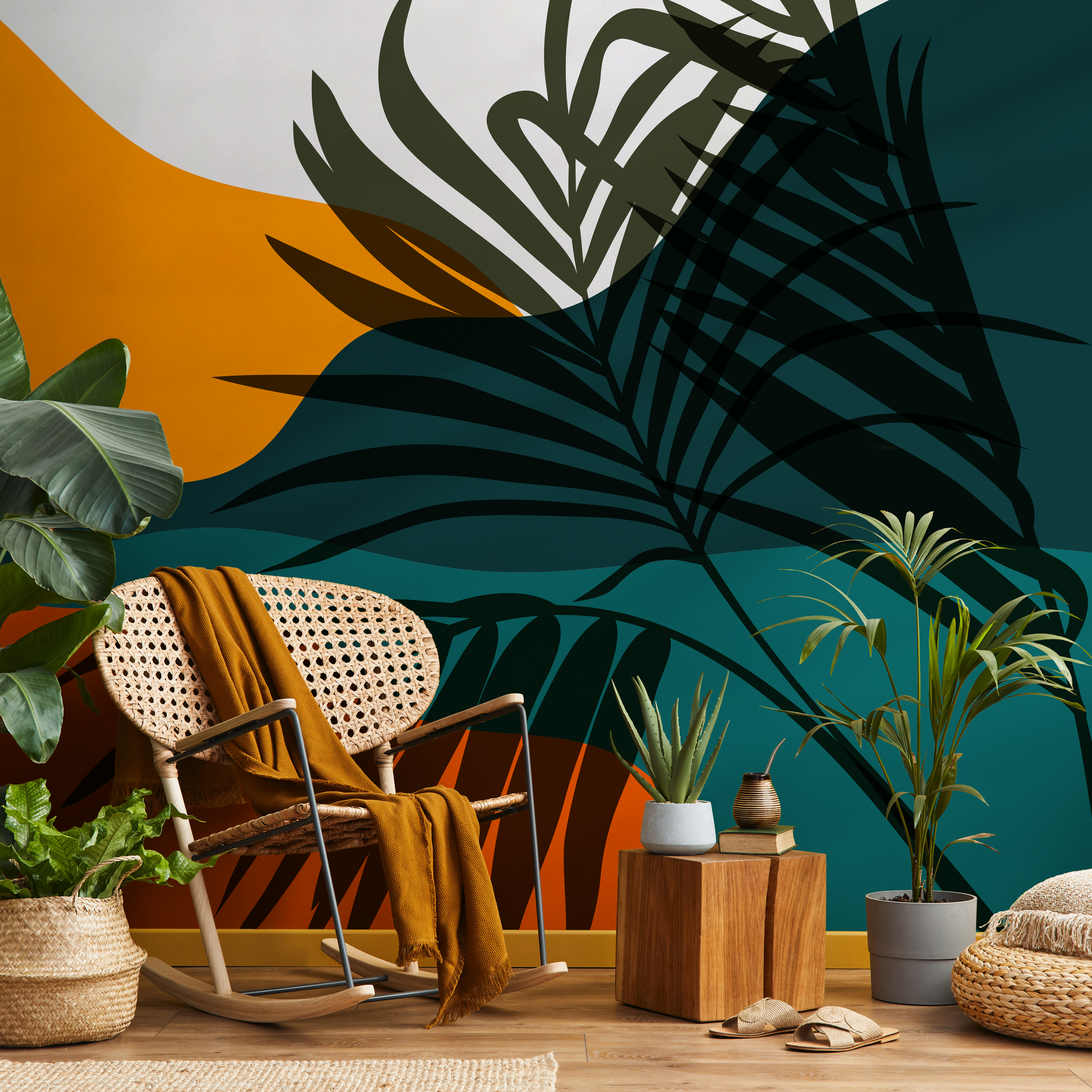 Botanical Wallpaper With Abstract Palm Leaves In Teal, Yellow, And Green - C081