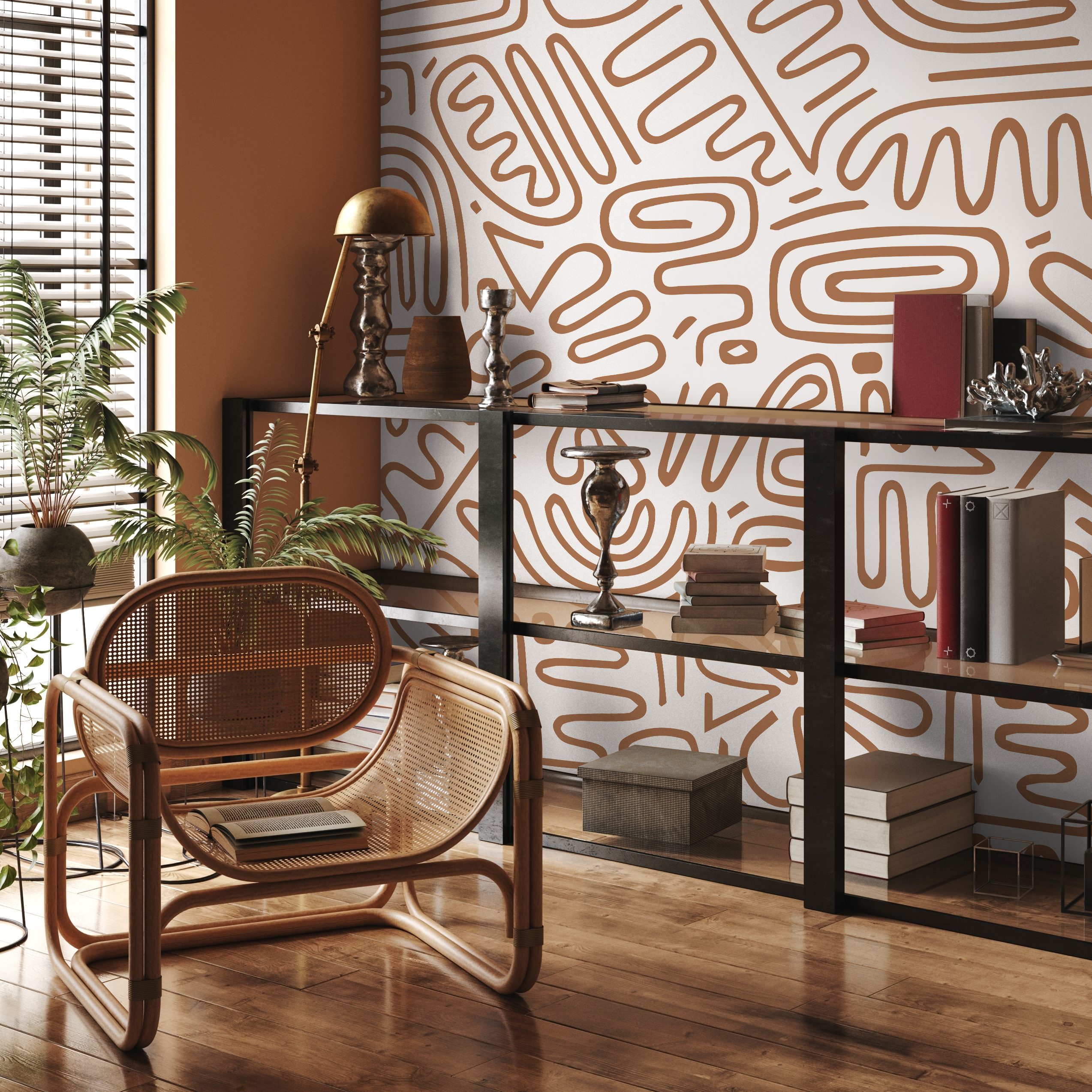 Abstract Wallpaper With Primitive Line Art In Brown - C082