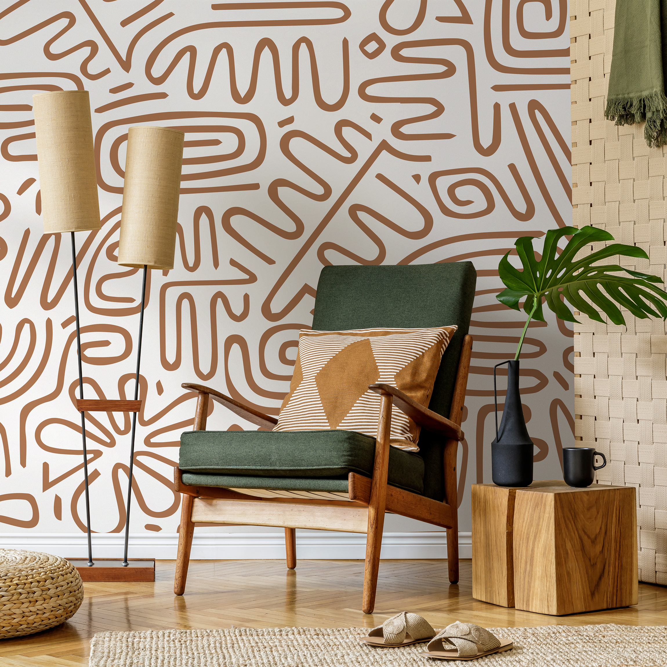 Abstract Wallpaper With Primitive Line Art In Brown - C082
