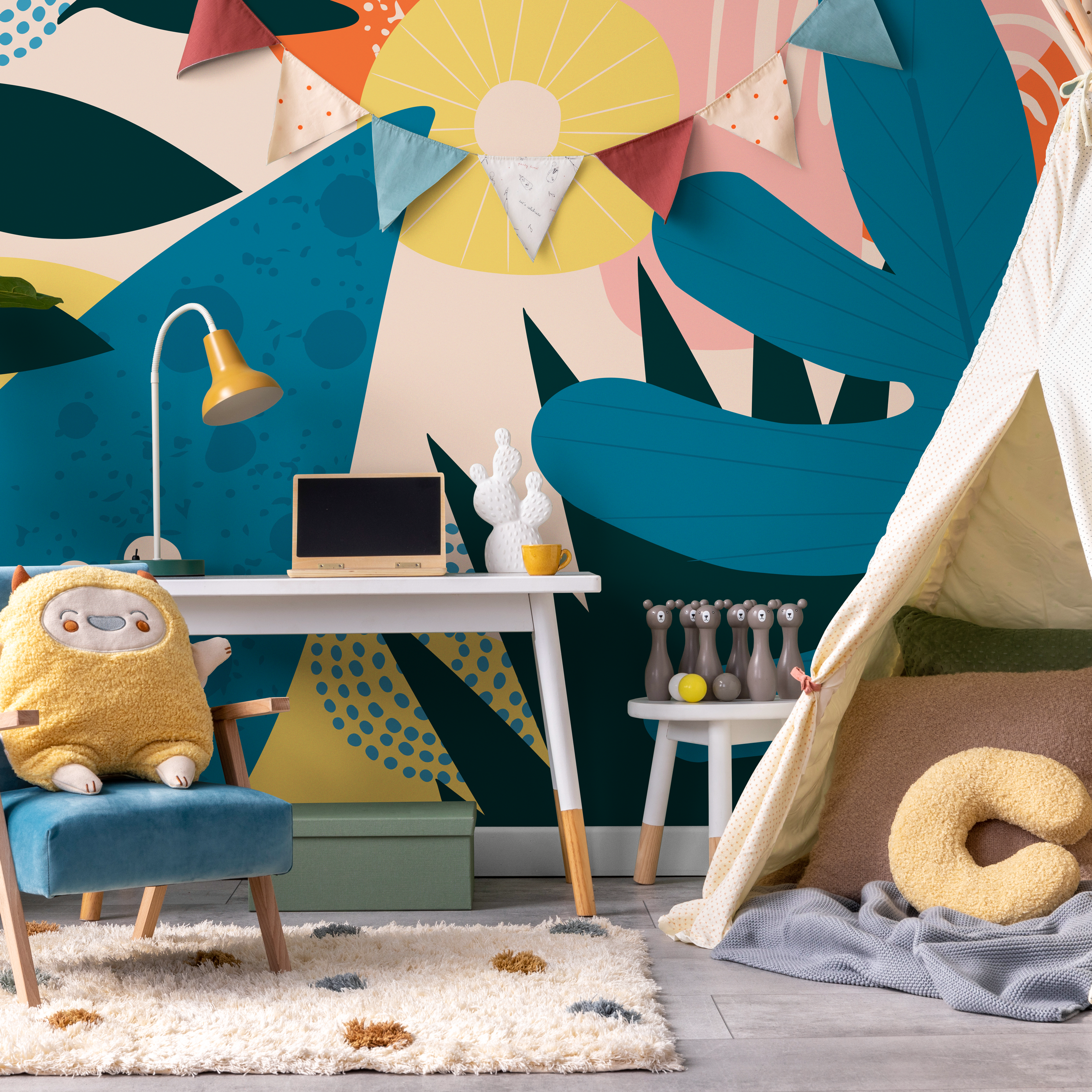 Abstract Wallpaper With A Collage Of Botanical Shapes In Blue, Orange, And Pink - C085