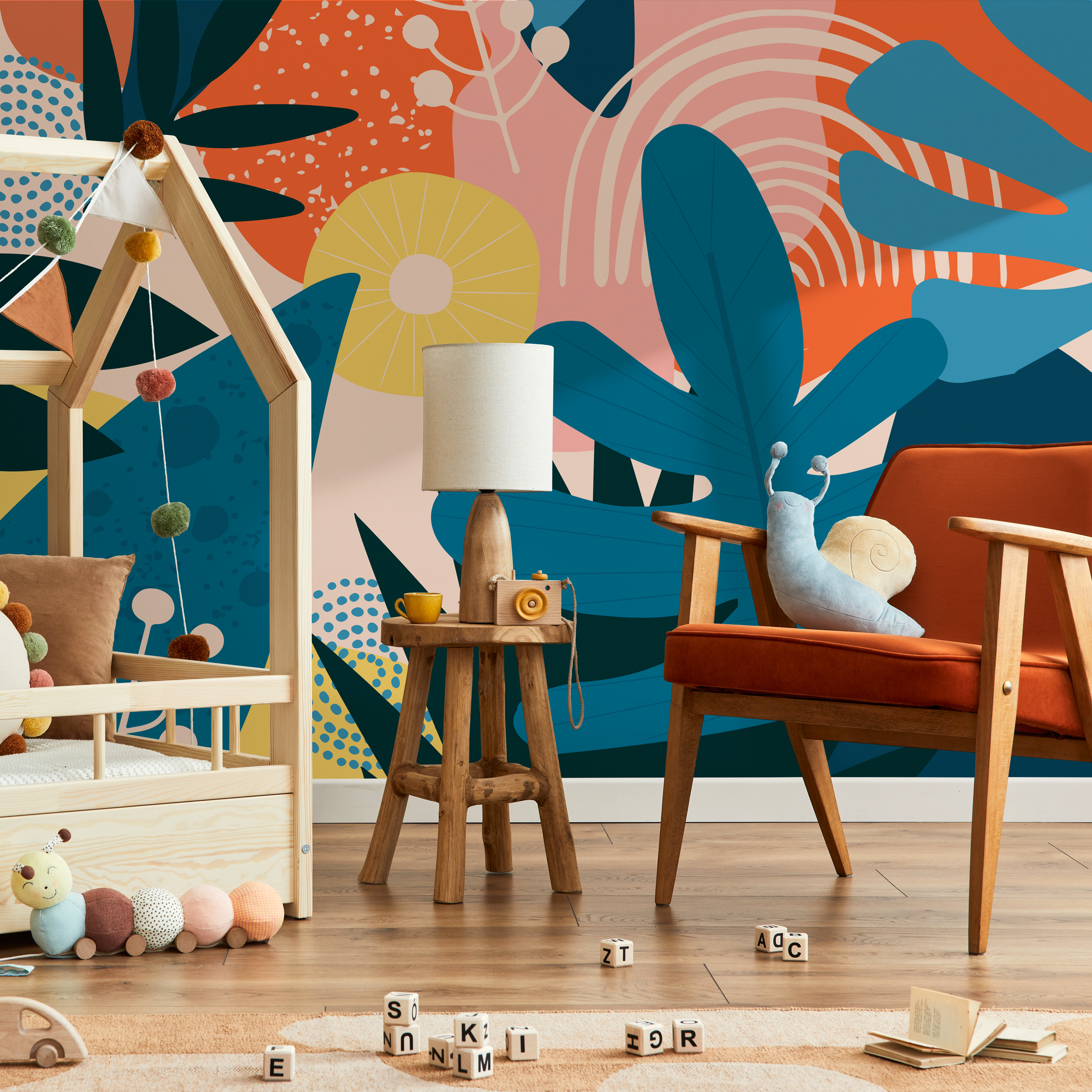 Abstract Wallpaper With A Collage Of Botanical Shapes In Blue, Orange, And Pink - C085