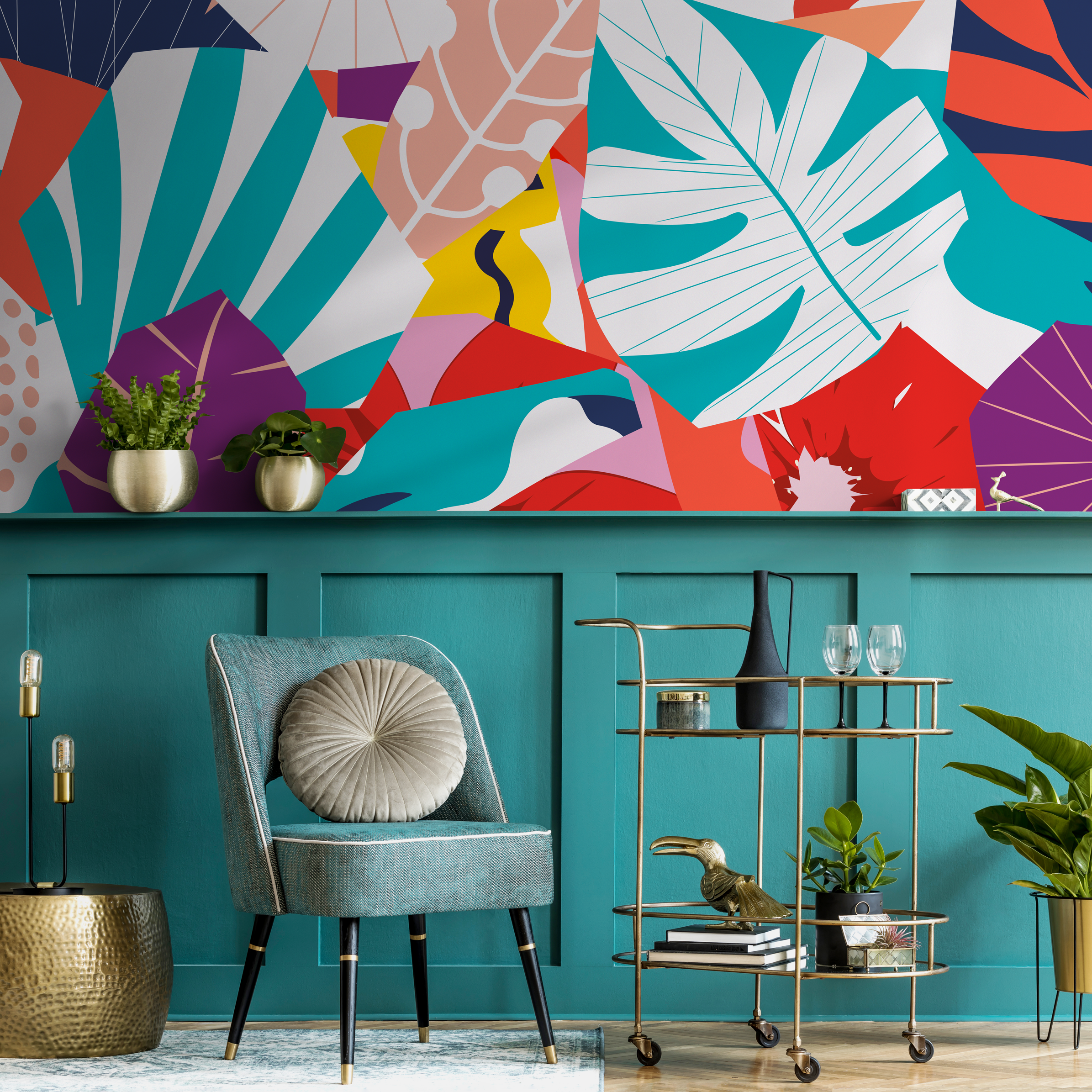 Abstract Wallpaper With Bold Floral Shapes In Red, Teal, And Blue - C086