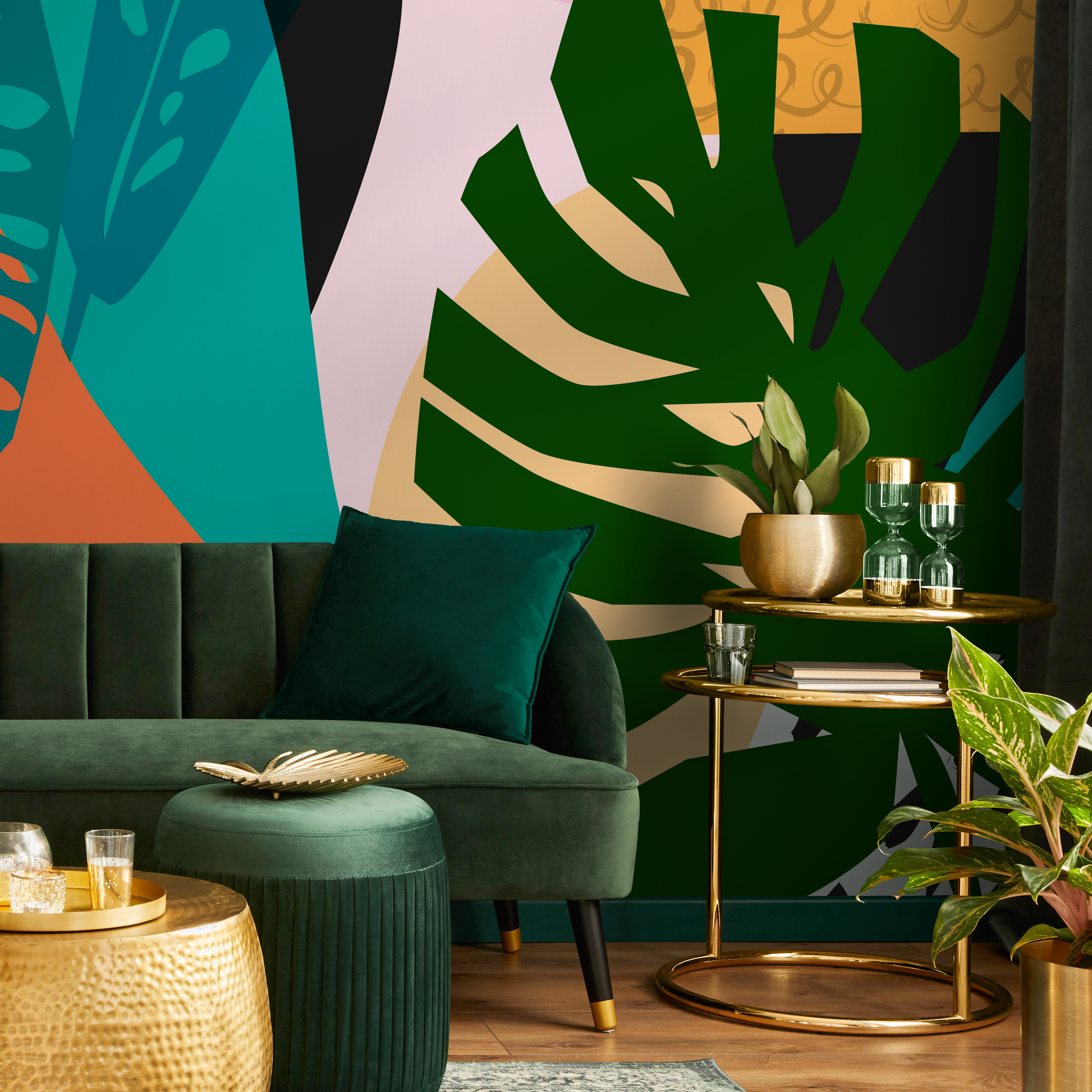 Abstract Wallpaper With A Tropical Leaf Collage In Green, Orange, And Teal - C087