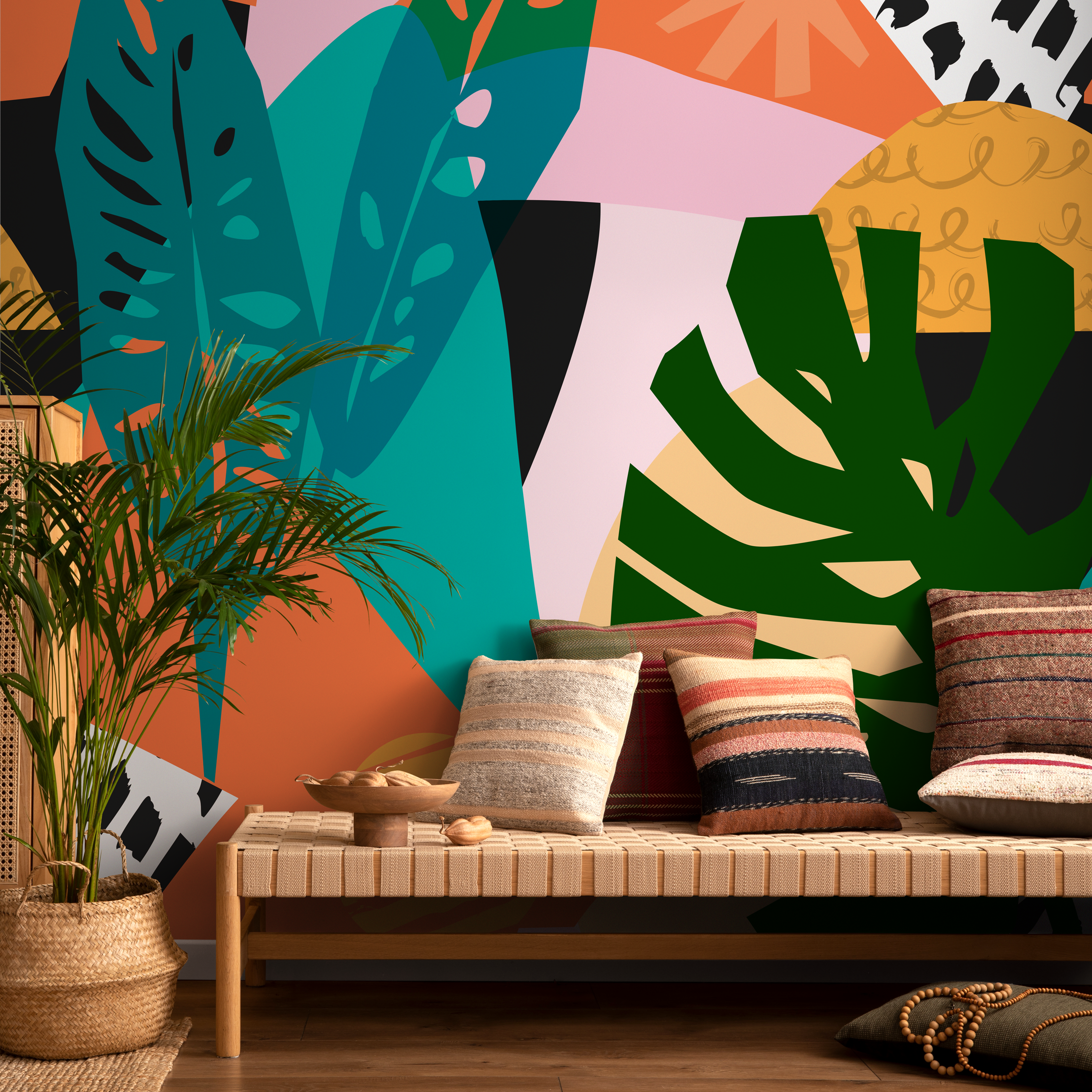 Abstract Wallpaper With A Tropical Leaf Collage In Green, Orange, And Teal - C087