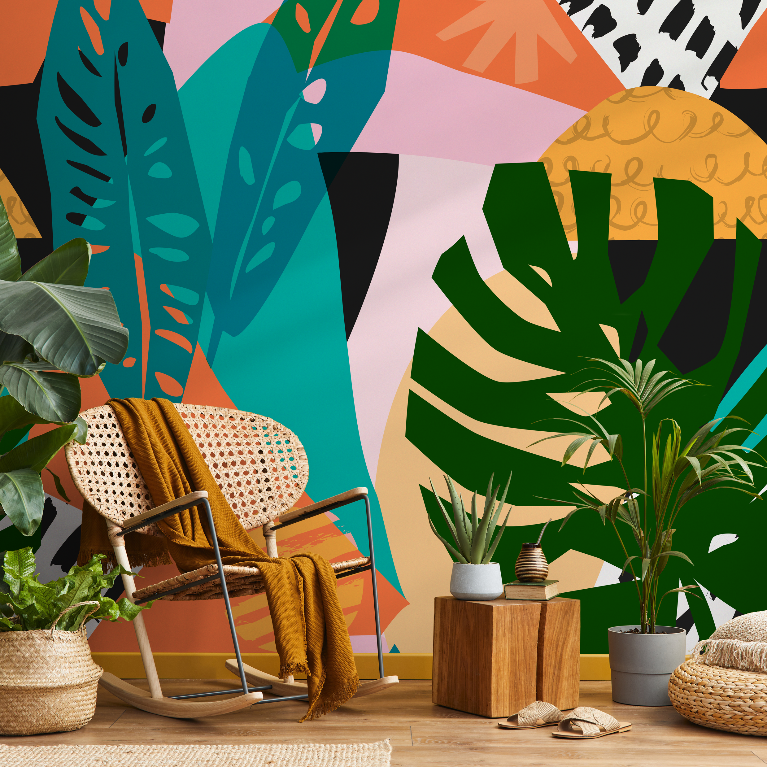 Abstract Wallpaper With A Tropical Leaf Collage In Green, Orange, And Teal - C087