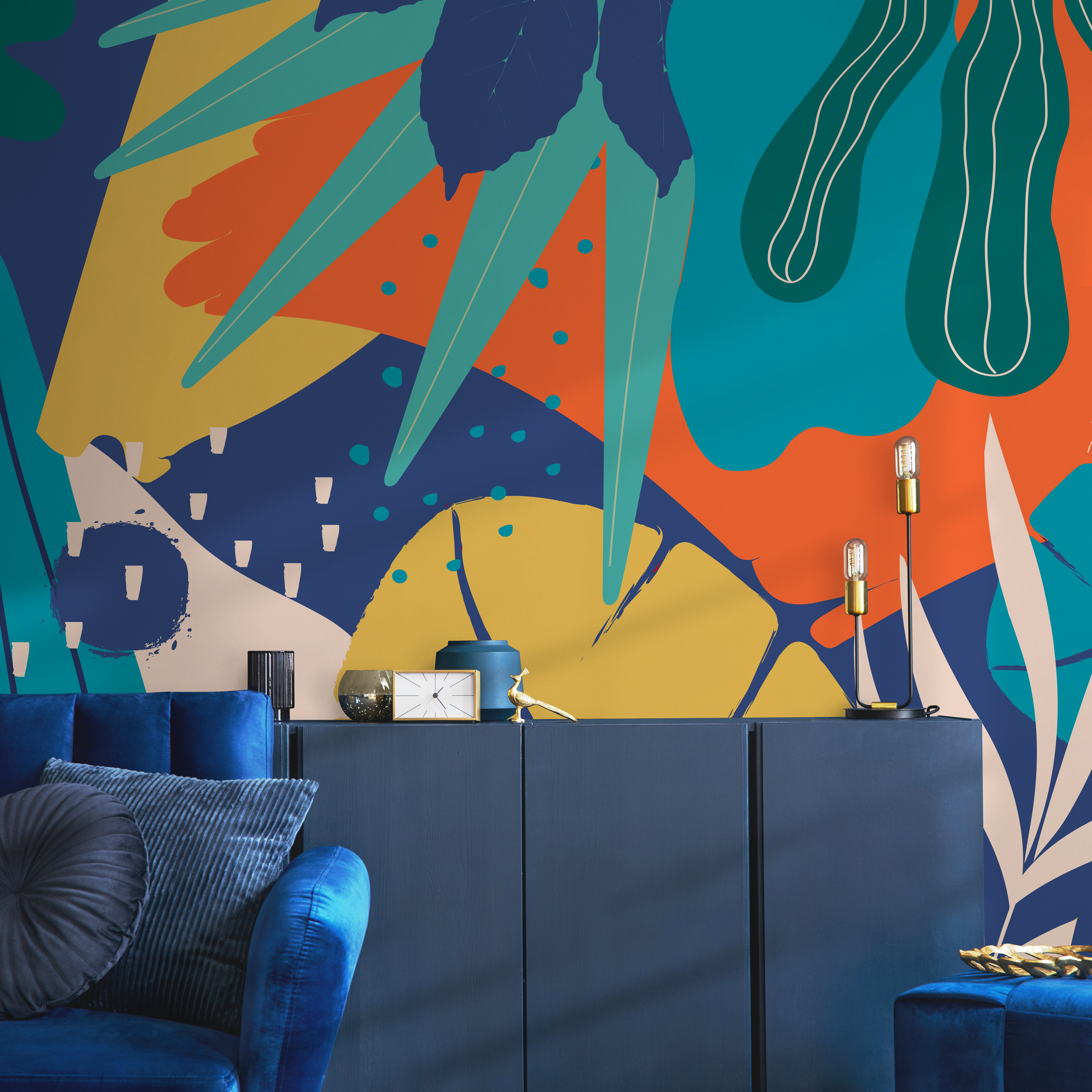 Abstract Wallpaper With A Modern Jungle Motif In Blue, Yellow, And Orange - C088