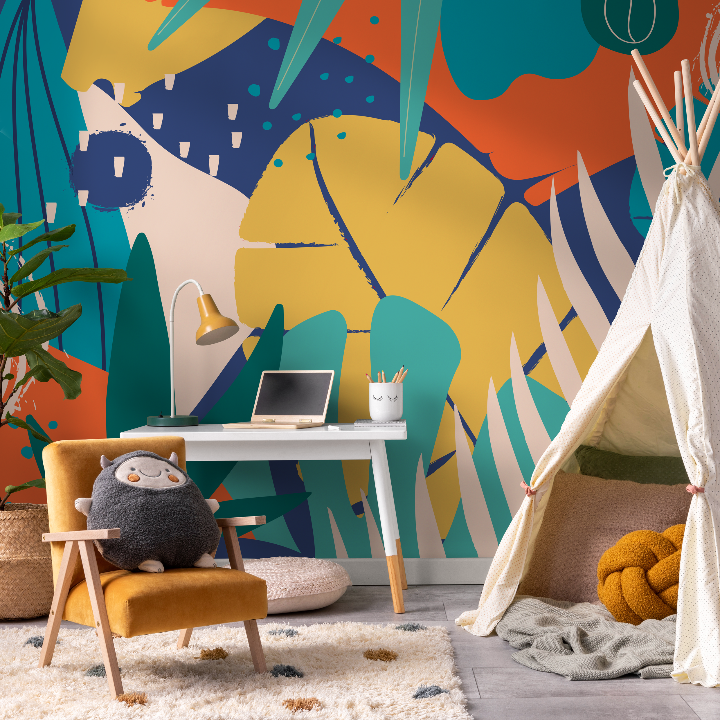 Abstract Wallpaper With A Modern Jungle Motif In Blue, Yellow, And Orange - C088