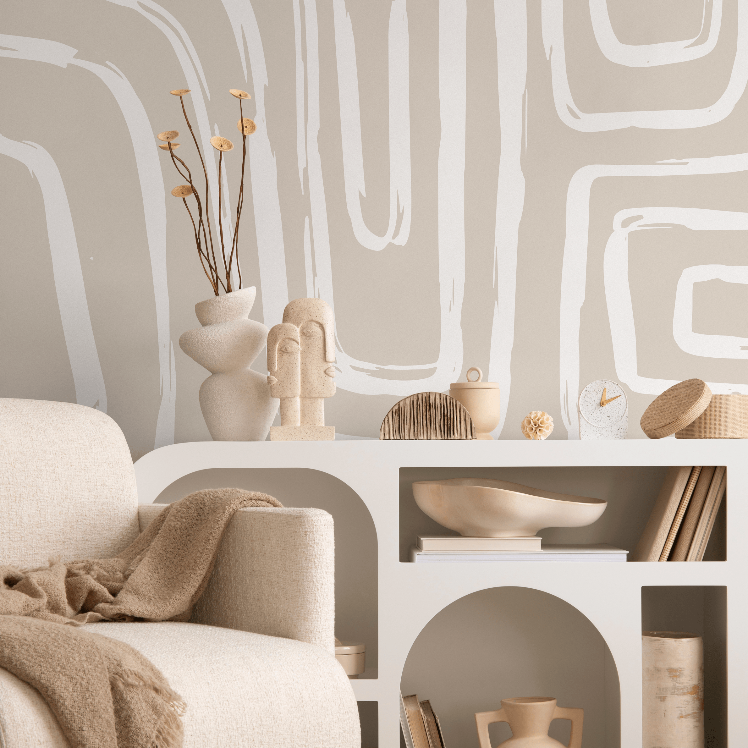 Abstract Wallpaper With Curved Brushstroke Lines In Beige And White - C089