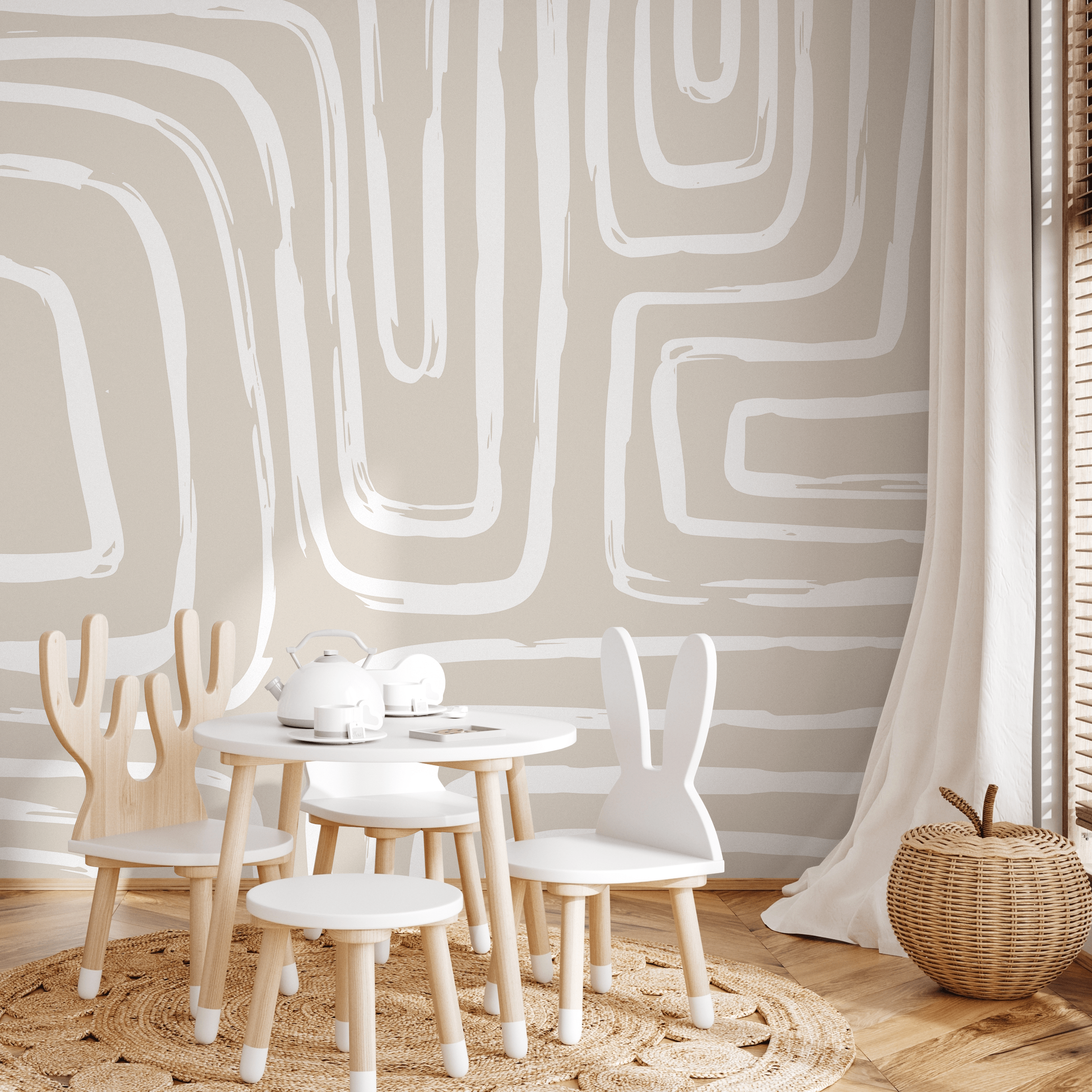 Abstract Wallpaper With Curved Brushstroke Lines In Beige And White - C089