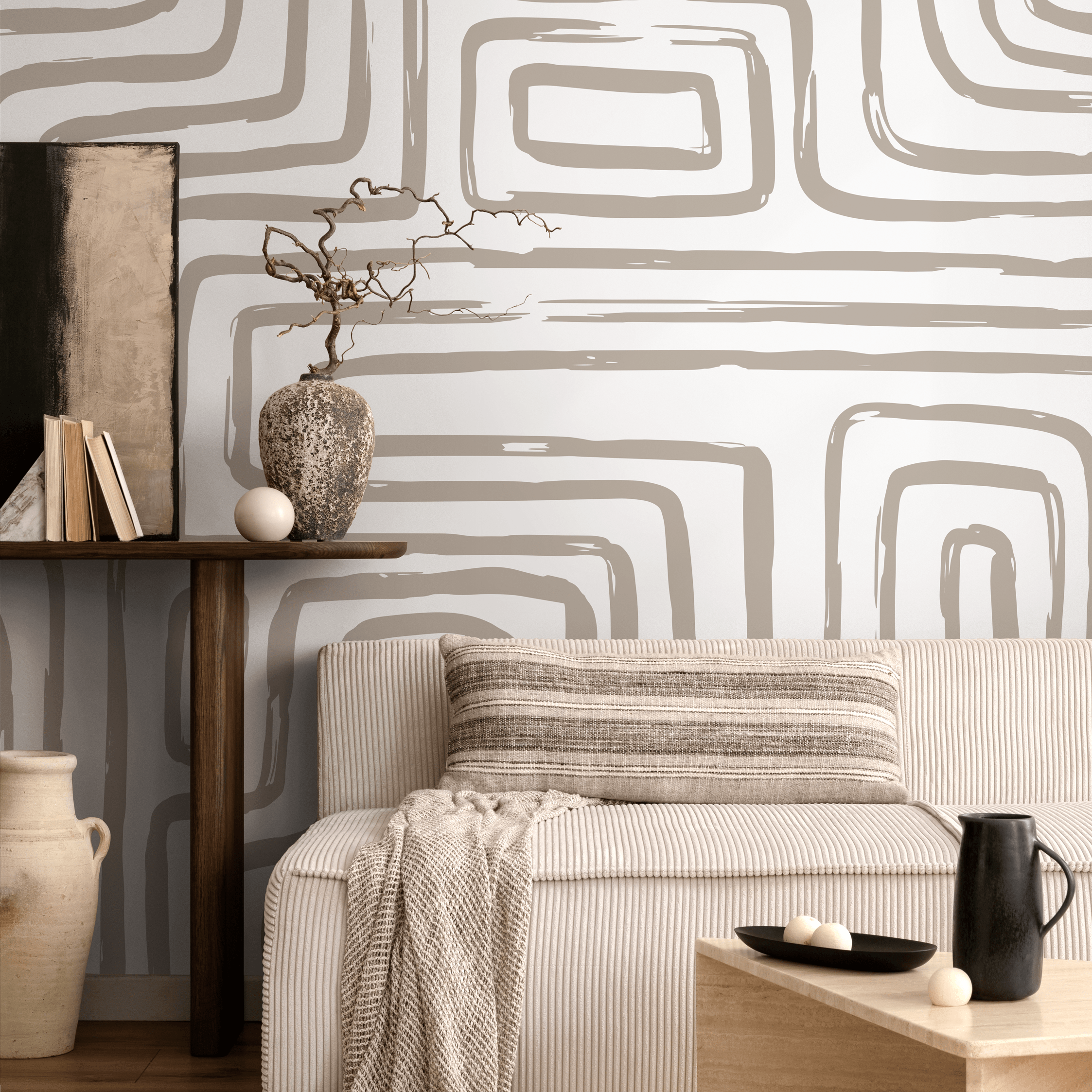 Abstract Wallpaper With Brushstroke Geometric Lines In Beige - C090