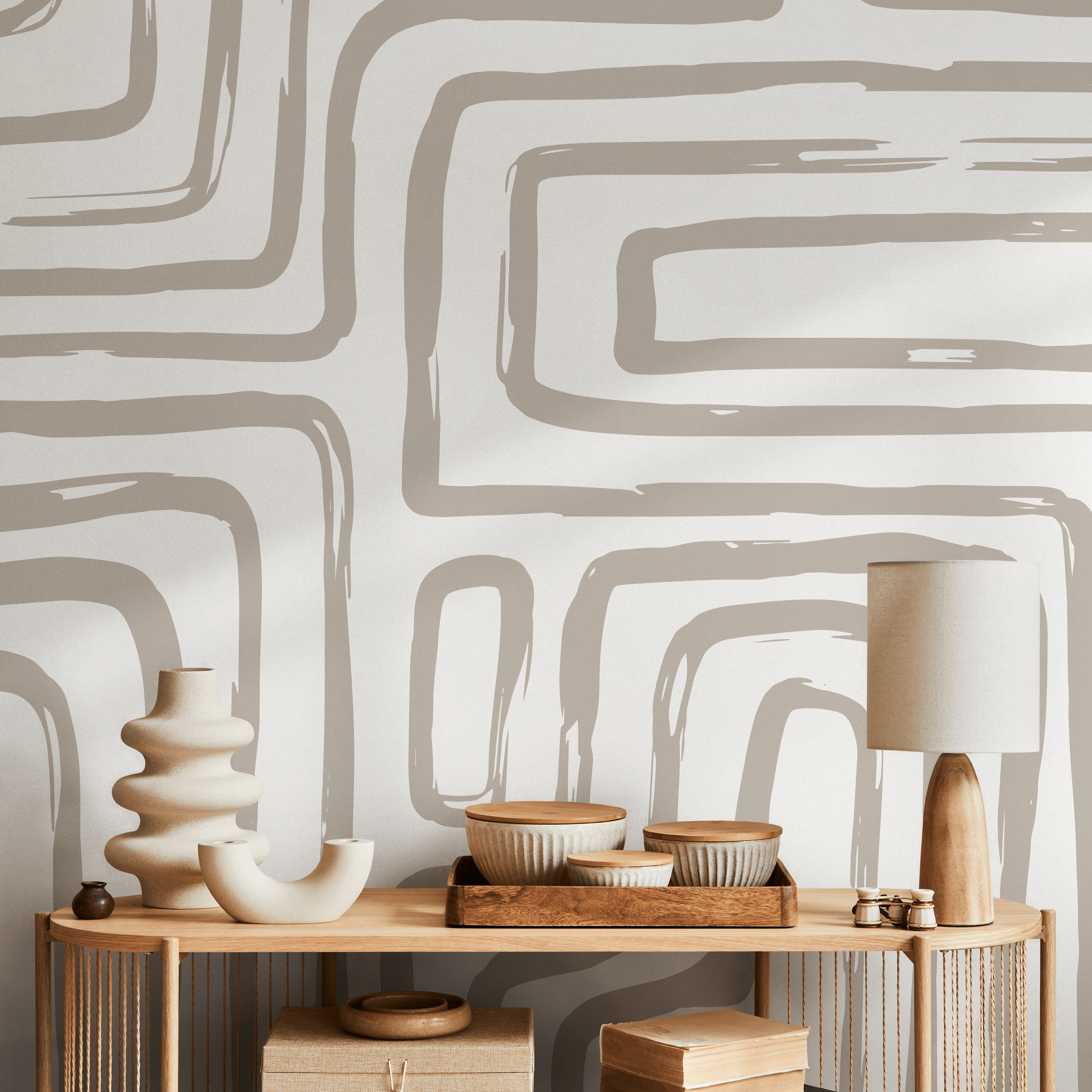 Abstract Wallpaper With Brushstroke Geometric Lines In Beige - C090