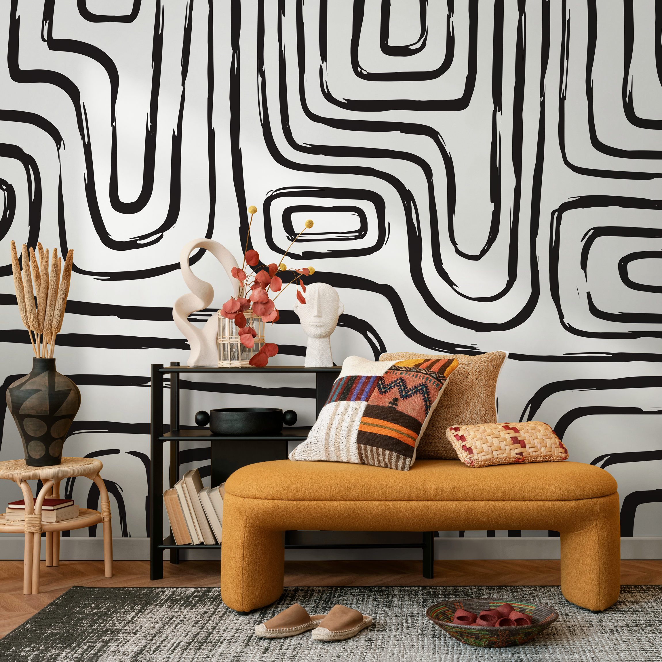 Abstract Wallpaper With Bold Brush Stroke Lines In Black - C091