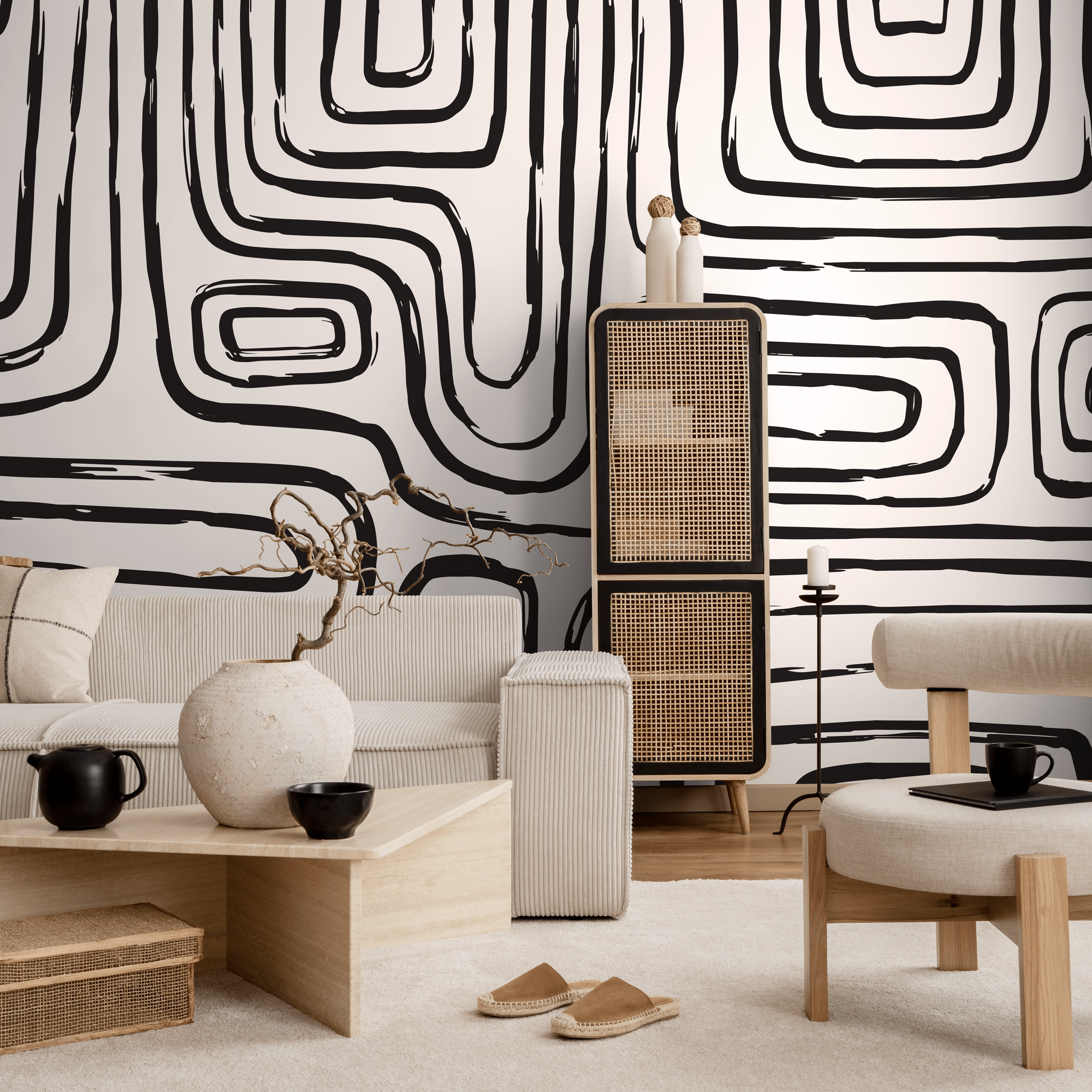 Abstract Wallpaper With Bold Brush Stroke Lines In Black - C091