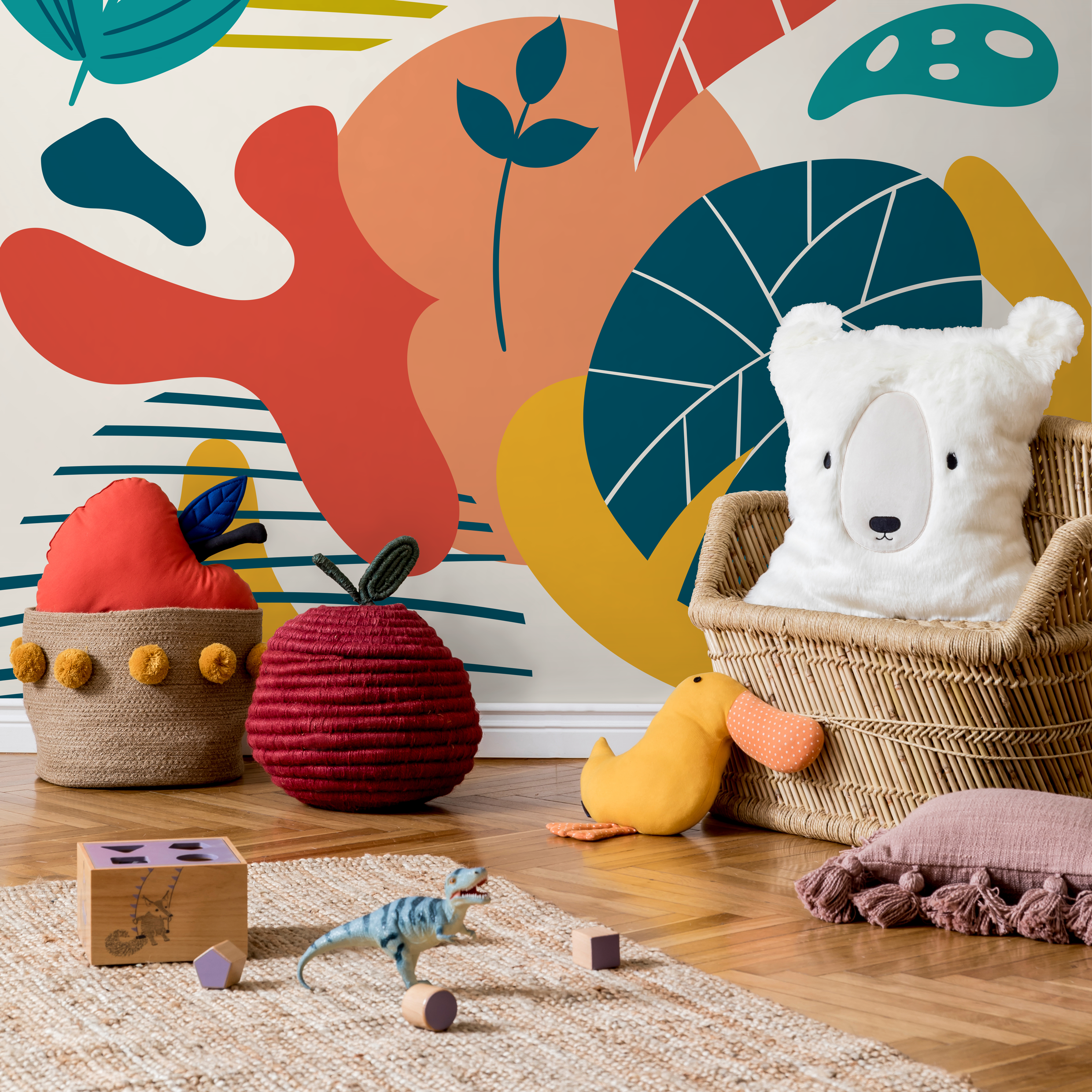 Abstract Wallpaper With Modern Organic Shapes In Teal, Yellow, And Red-orange - C092