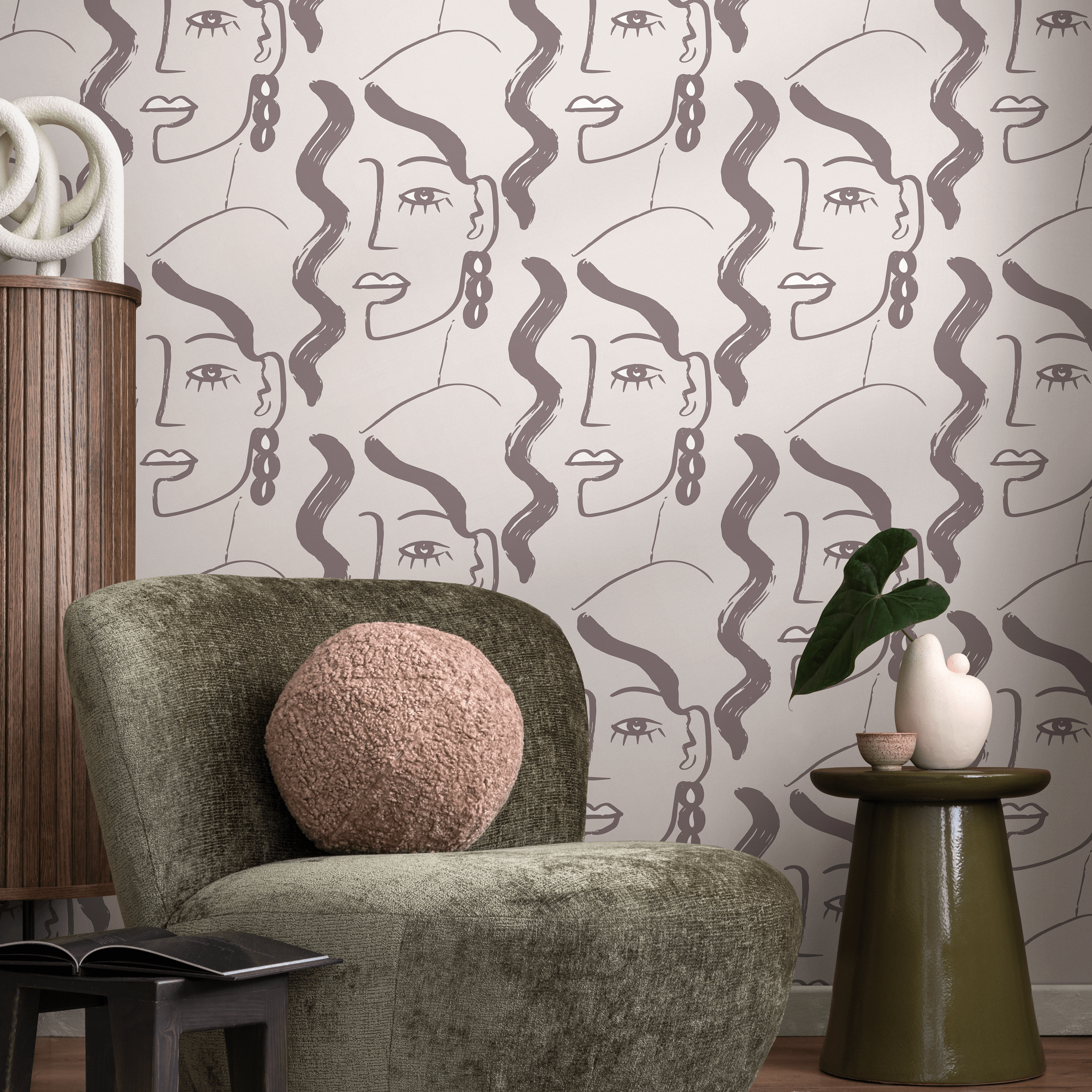 Abstract Wallpaper With A Minimalist Face Motif In Taupe And Light Gray - C093
