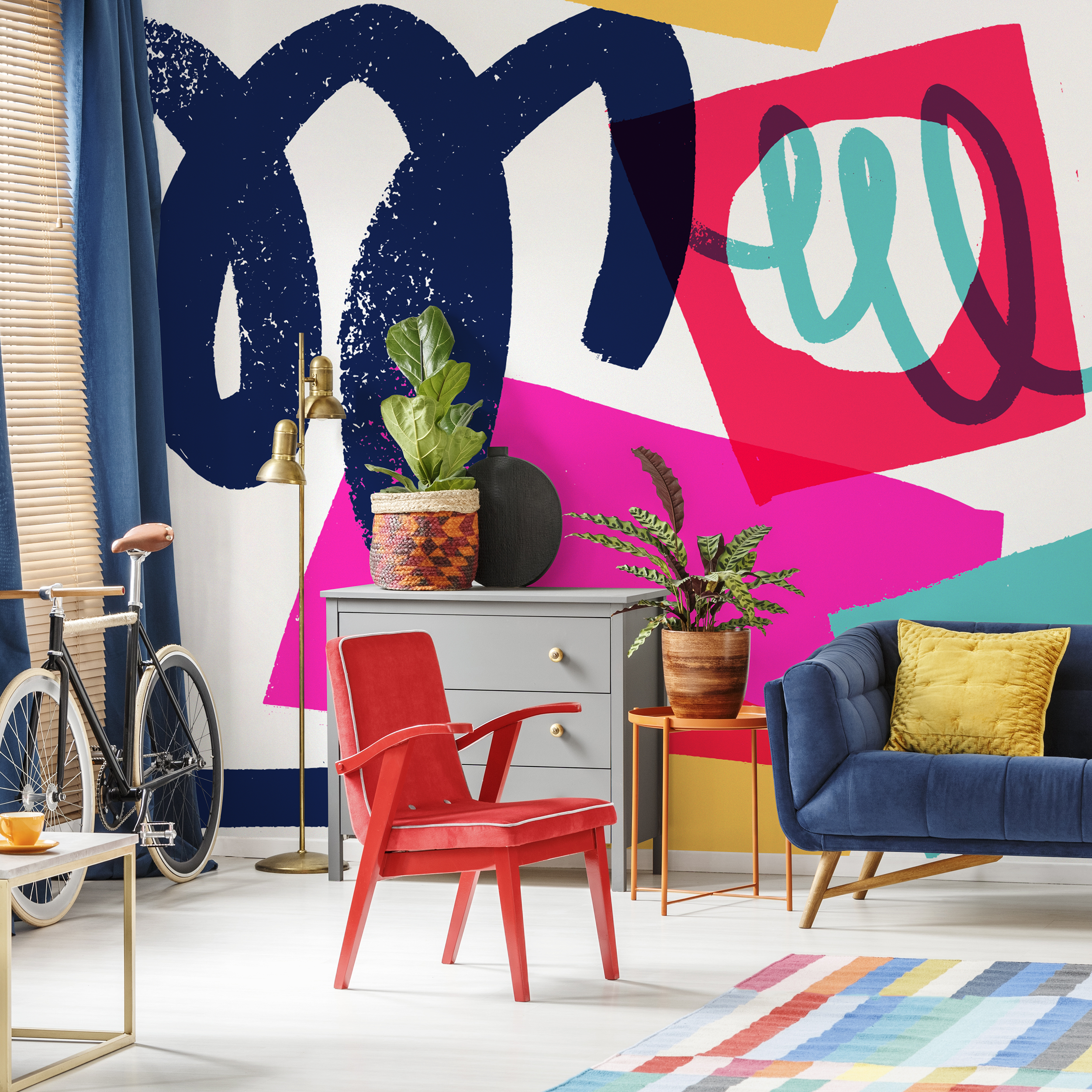 Abstract Wallpaper With Bold Brushstrokes In Navy Blue, Pink, And Teal - C094