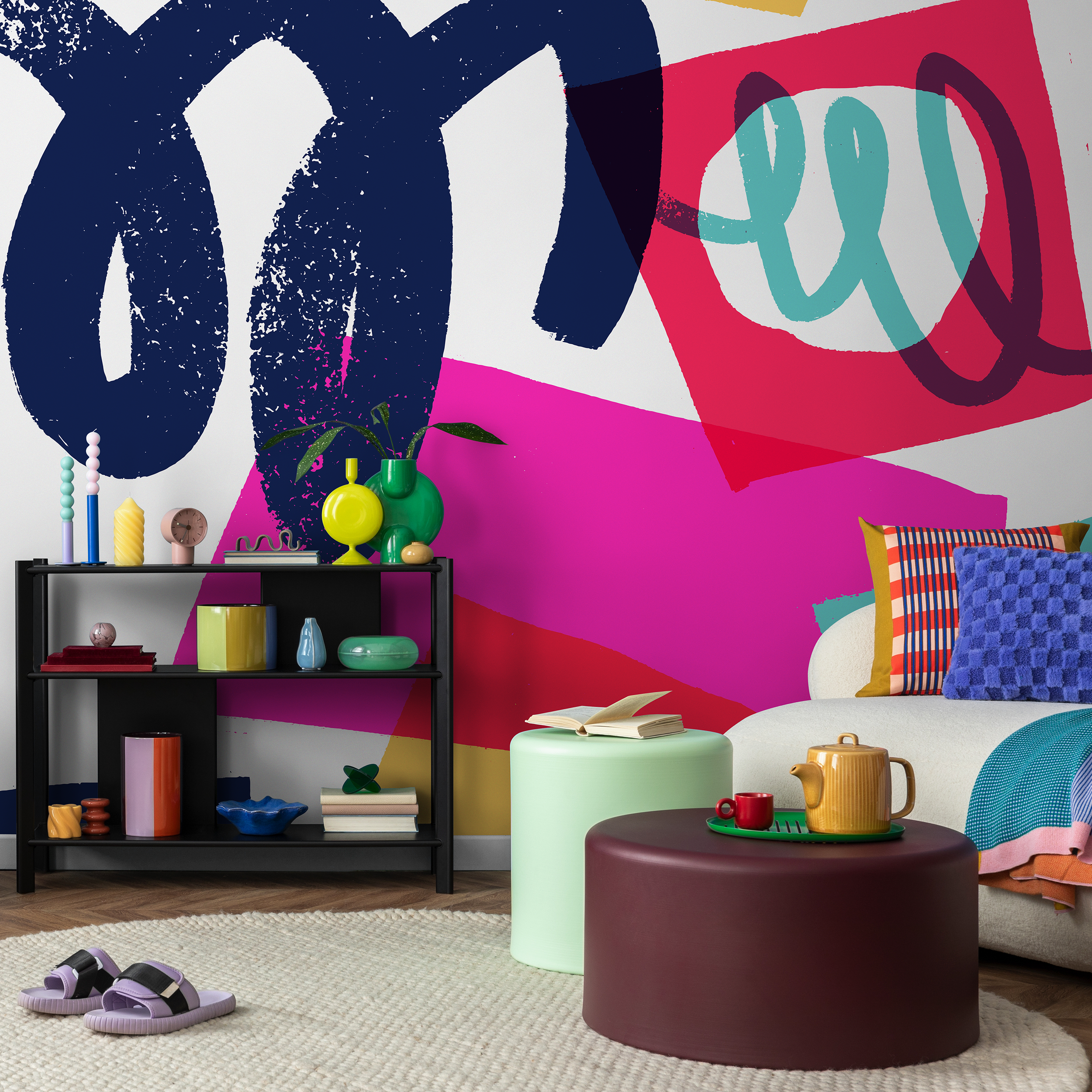 Abstract Wallpaper With Bold Brushstrokes In Navy Blue, Pink, And Teal - C094