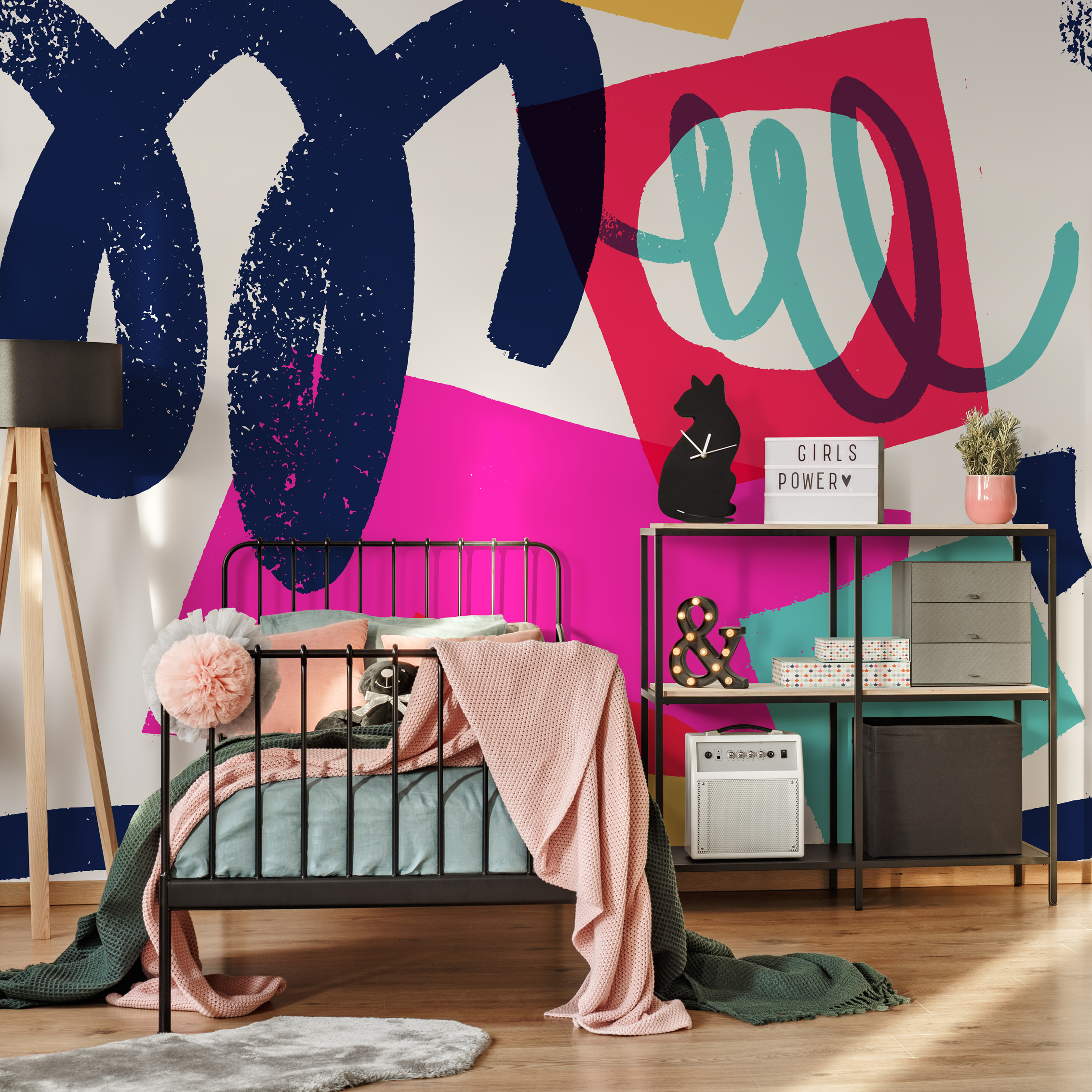 Abstract Wallpaper With Bold Brushstrokes In Navy Blue, Pink, And Teal - C094