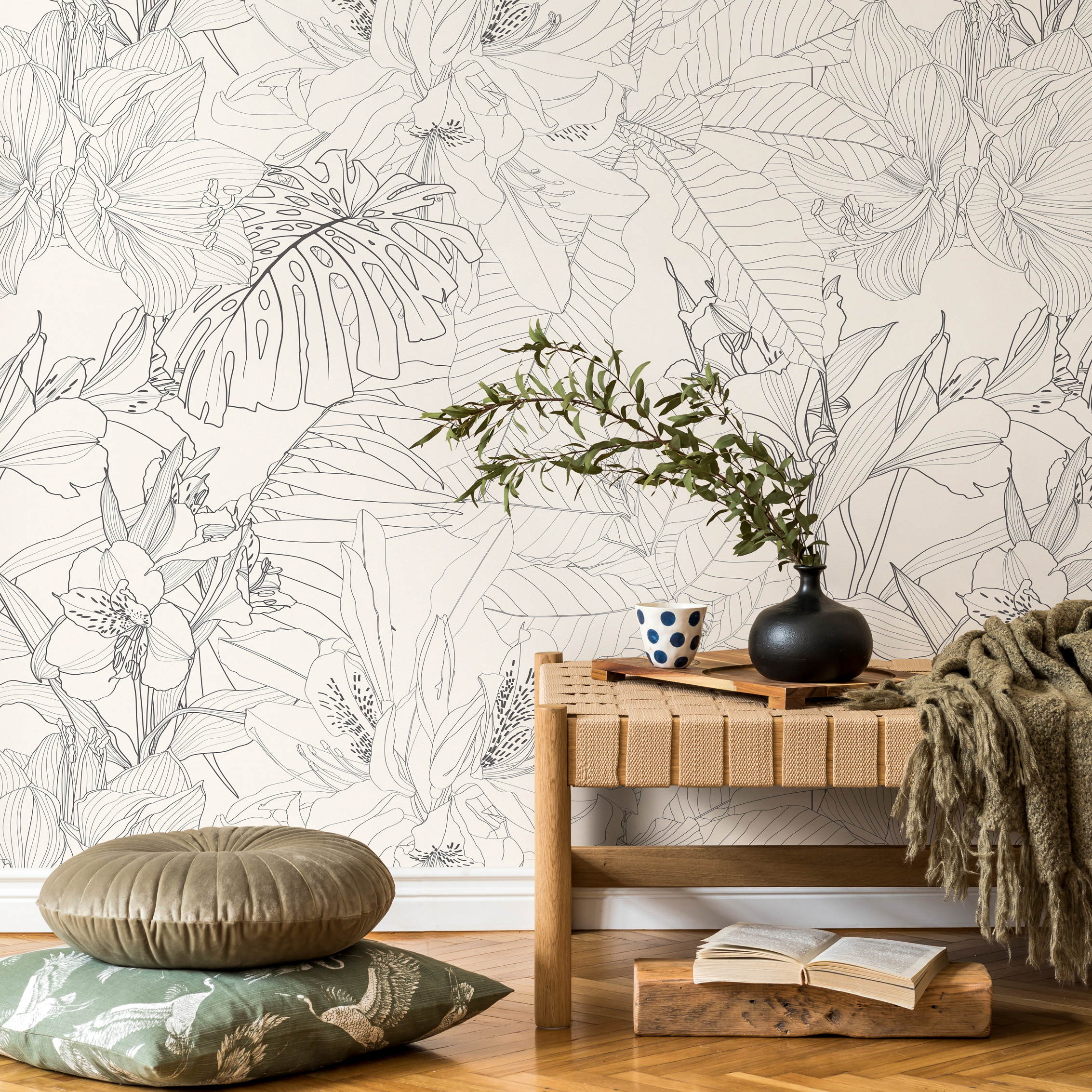 Floral Wallpaper With A Tropical Line Art Motif In Gray And Cream - C095