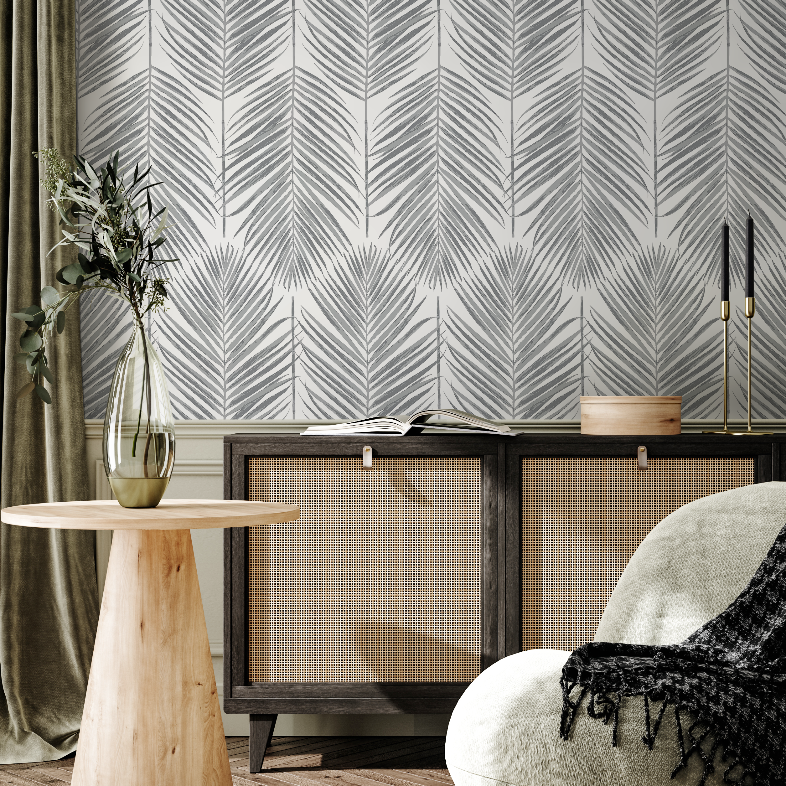 Botanical Wallpaper Featuring Vertical Palm Fronds In Gray - As1-c097