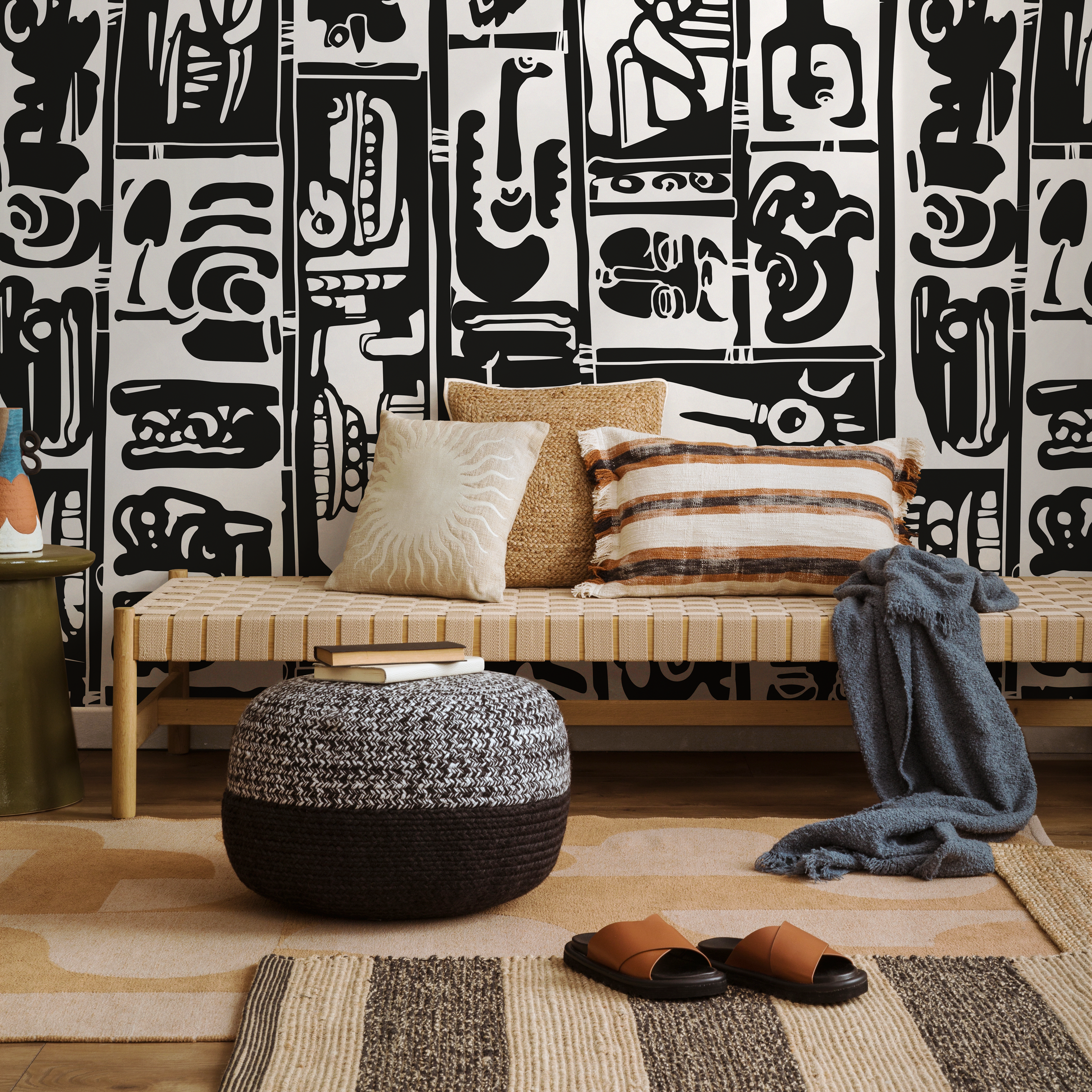 Abstract Wallpaper With Primitive Art Panels In Black And White - As1-c099