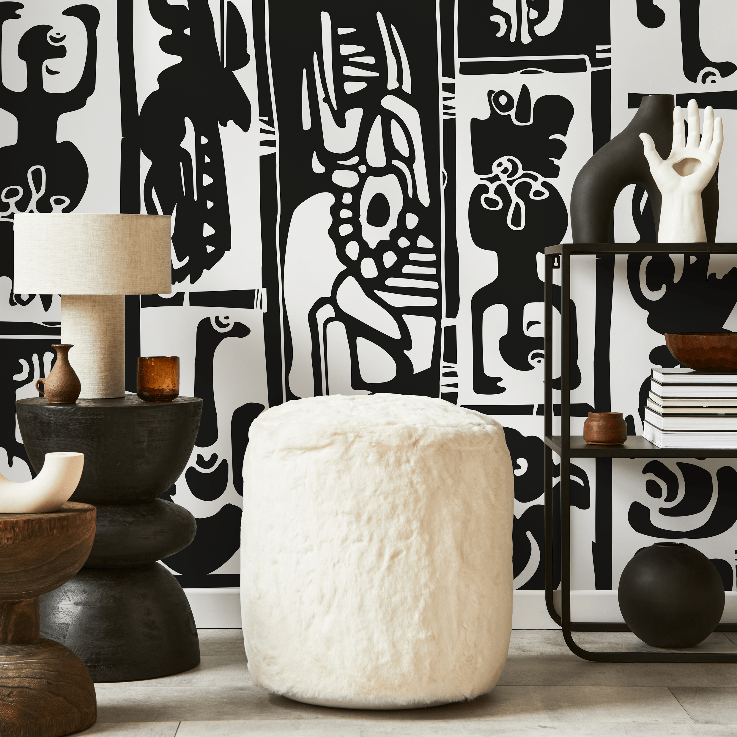 Abstract Wallpaper With Primitive Art Panels In Black And White - As1-c099