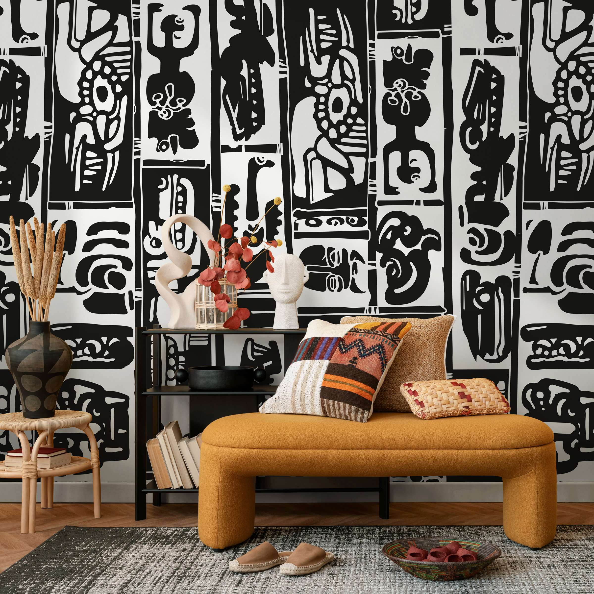 Abstract Wallpaper With Primitive Art Panels In Black And White - As1-c099