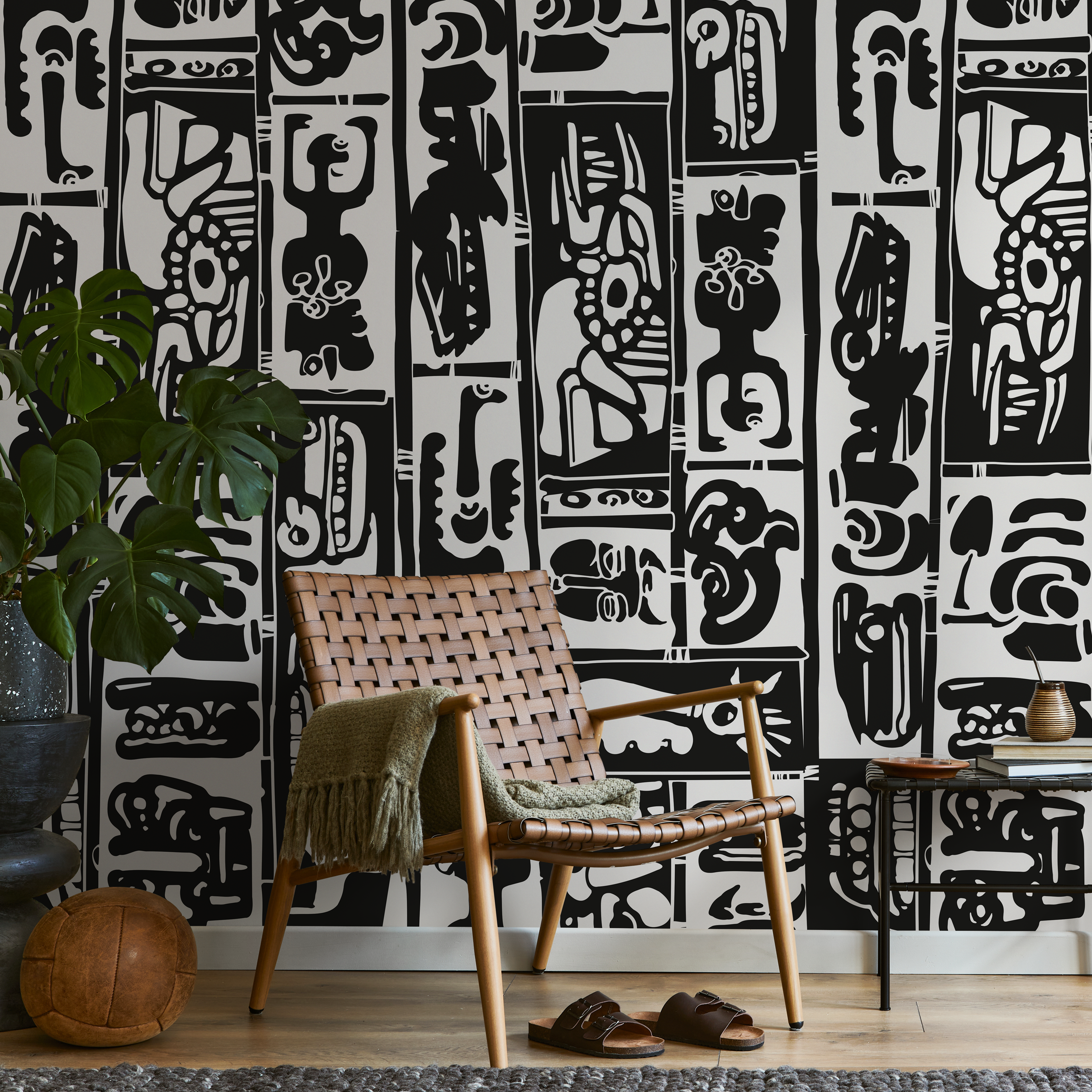 Abstract Wallpaper With Primitive Art Panels In Black And White - As1-c099