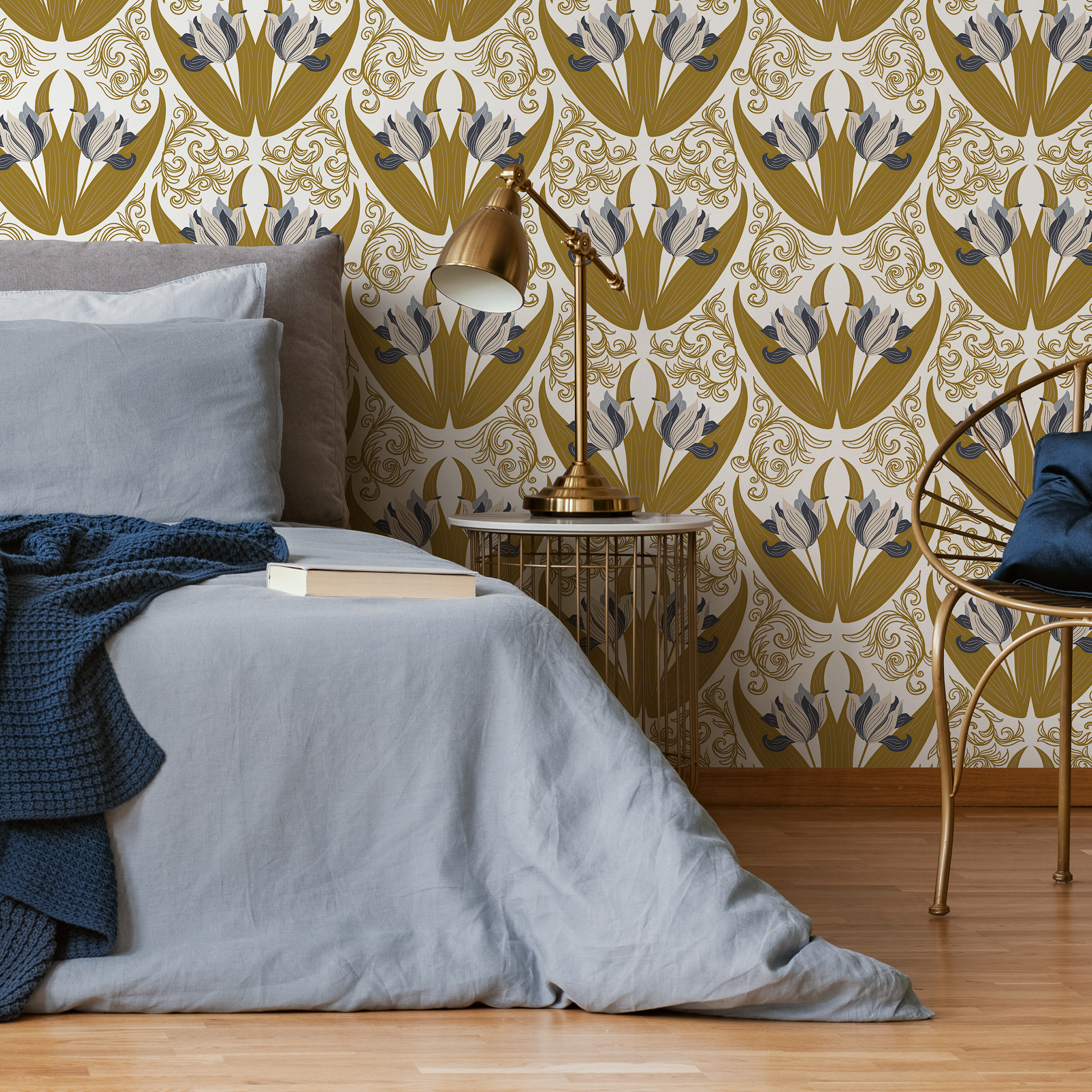 Art Nouveau Wallpaper With A Stylized Tulip Damask In Gold, Blue, And Grey - C100