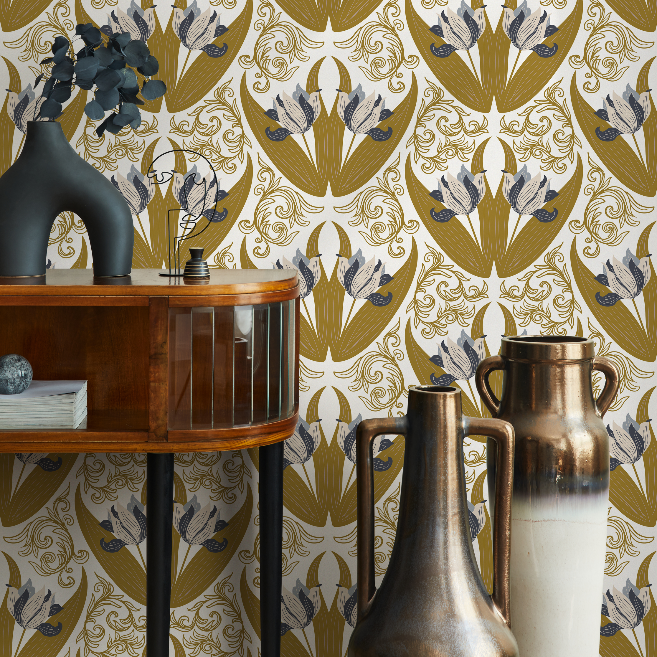 Art Nouveau Wallpaper With A Stylized Tulip Damask In Gold, Blue, And Grey - C100