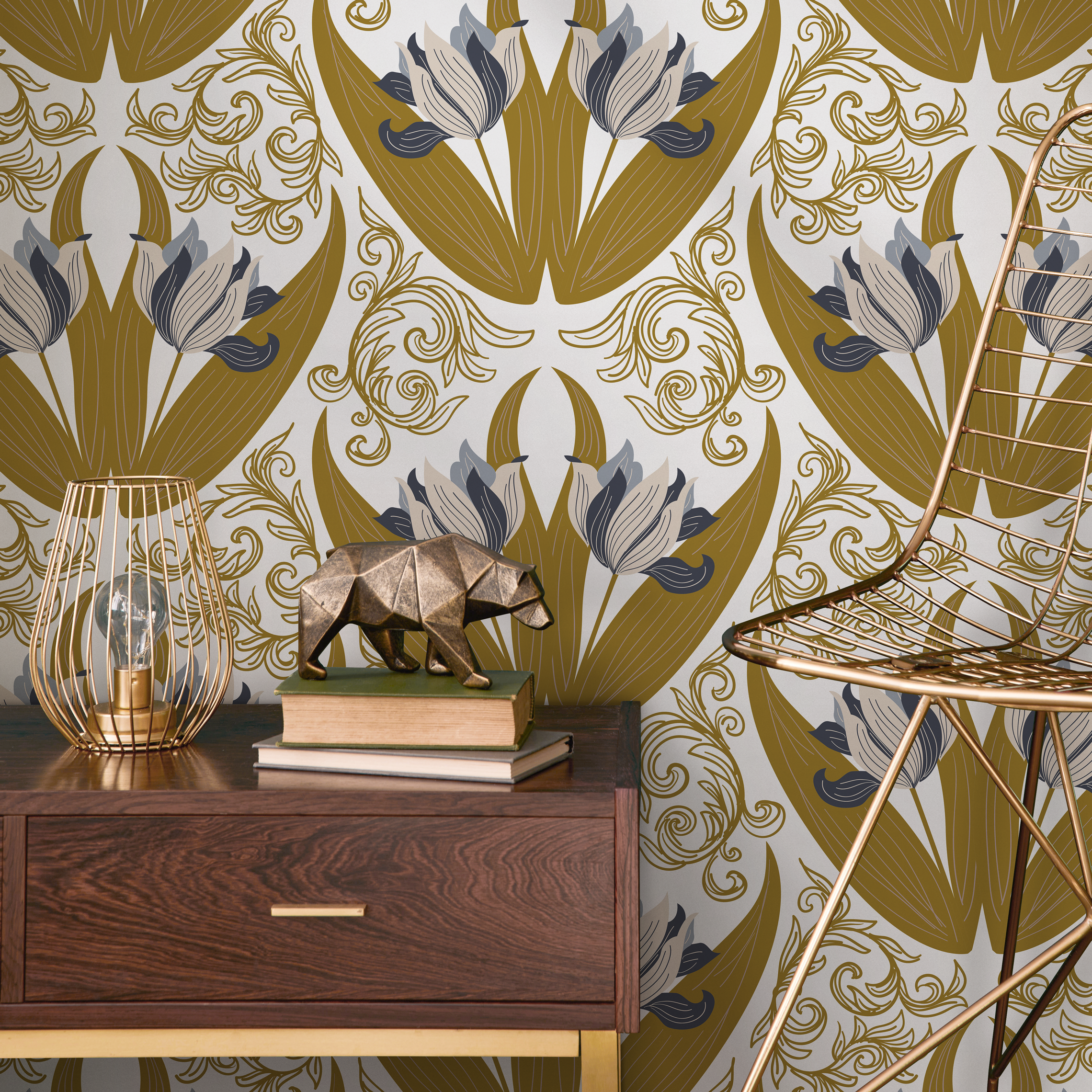 Art Nouveau Wallpaper With A Stylized Tulip Damask In Gold, Blue, And Grey - C100