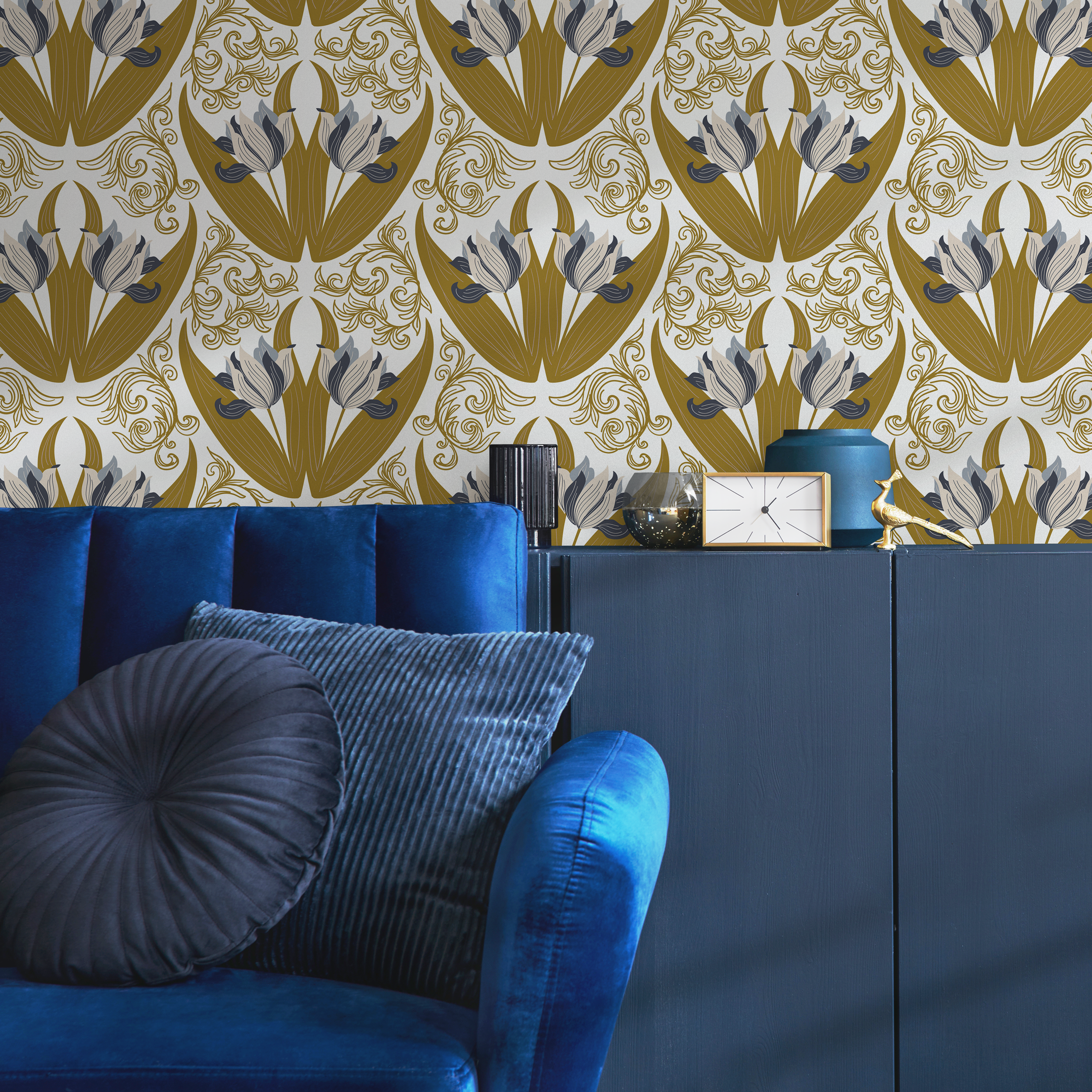 Art Nouveau Wallpaper With A Stylized Tulip Damask In Gold, Blue, And Grey - C100