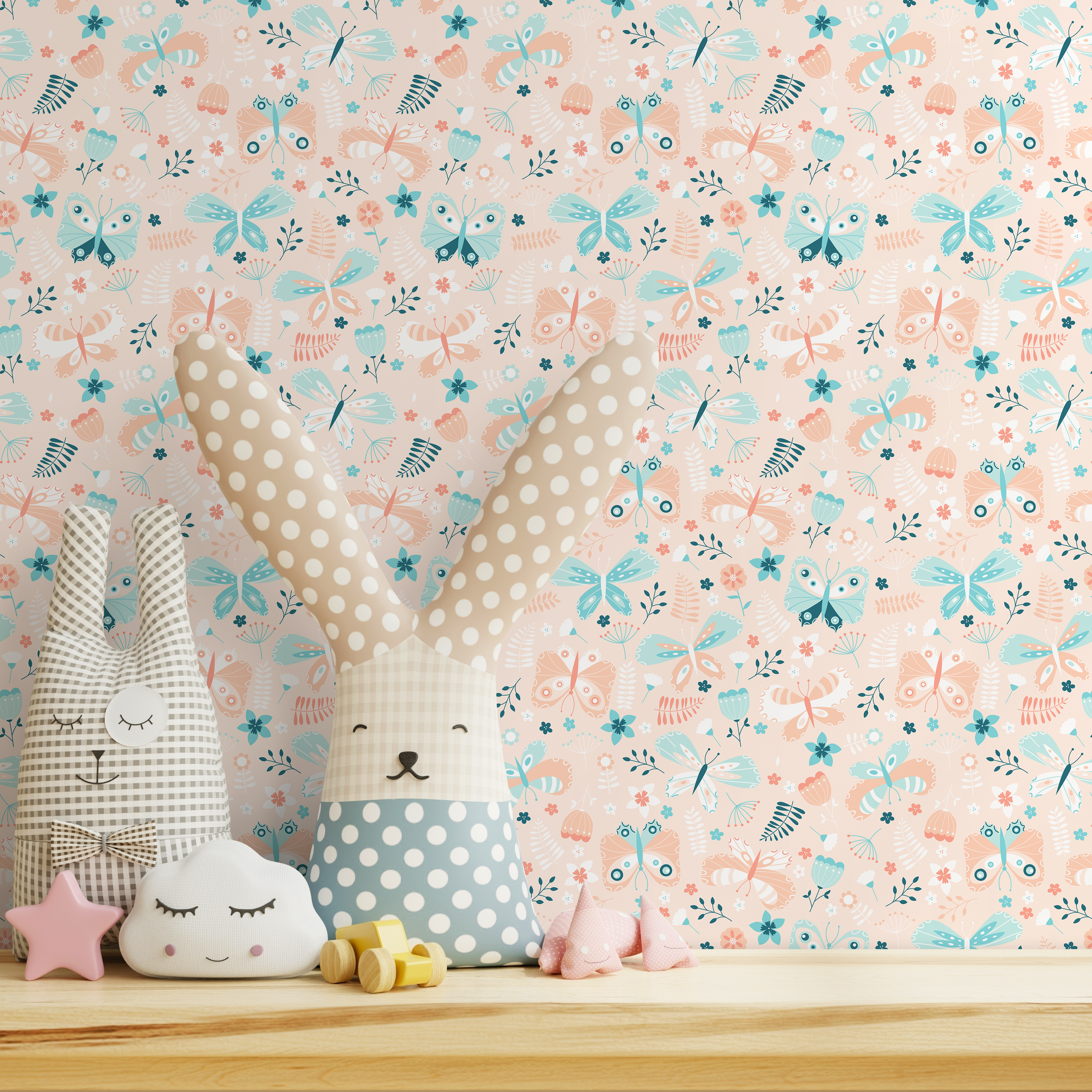 Scandinavian Wallpaper With Folk Art Butterflies In Peach And Teal - C104