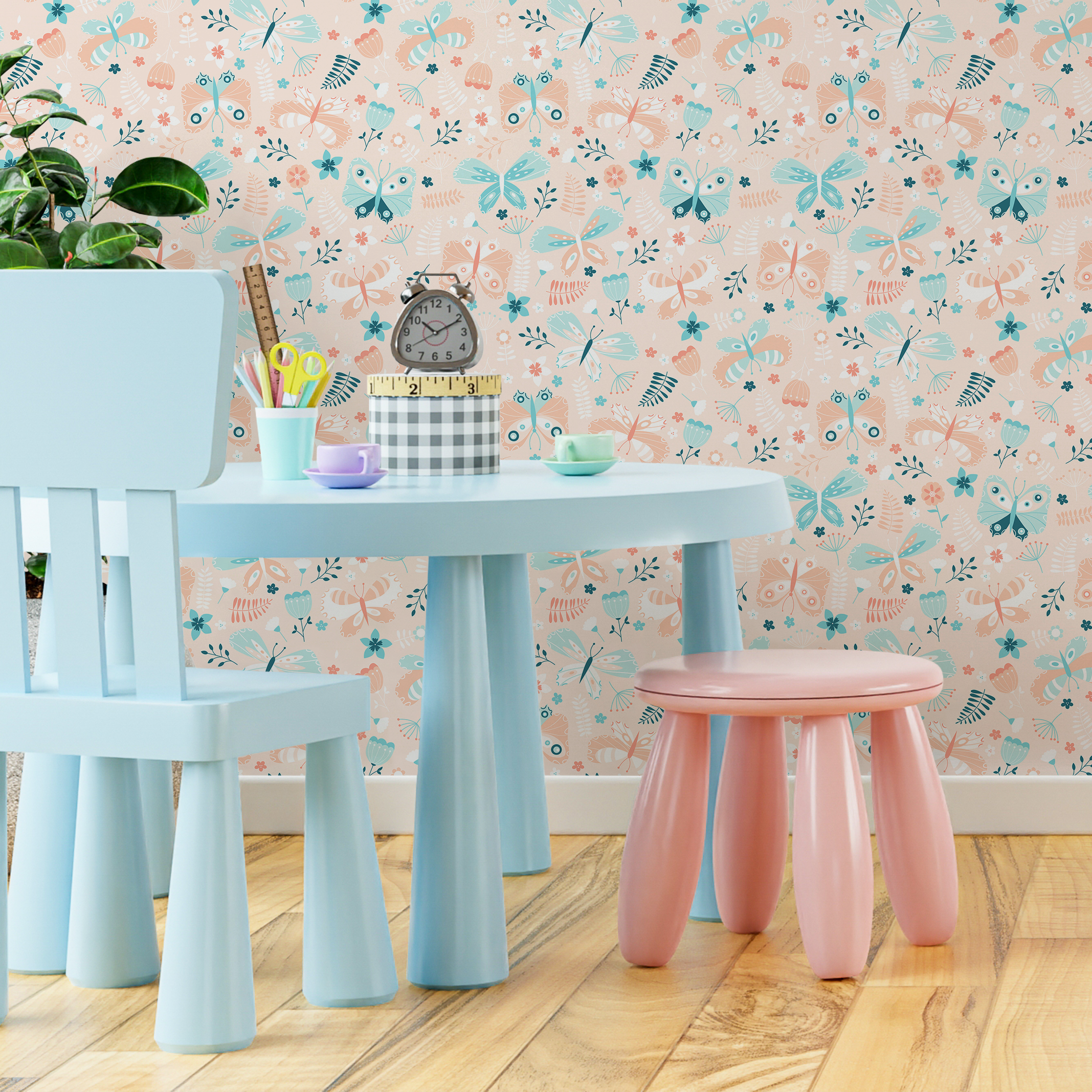 Scandinavian Wallpaper With Folk Art Butterflies In Peach And Teal - C104