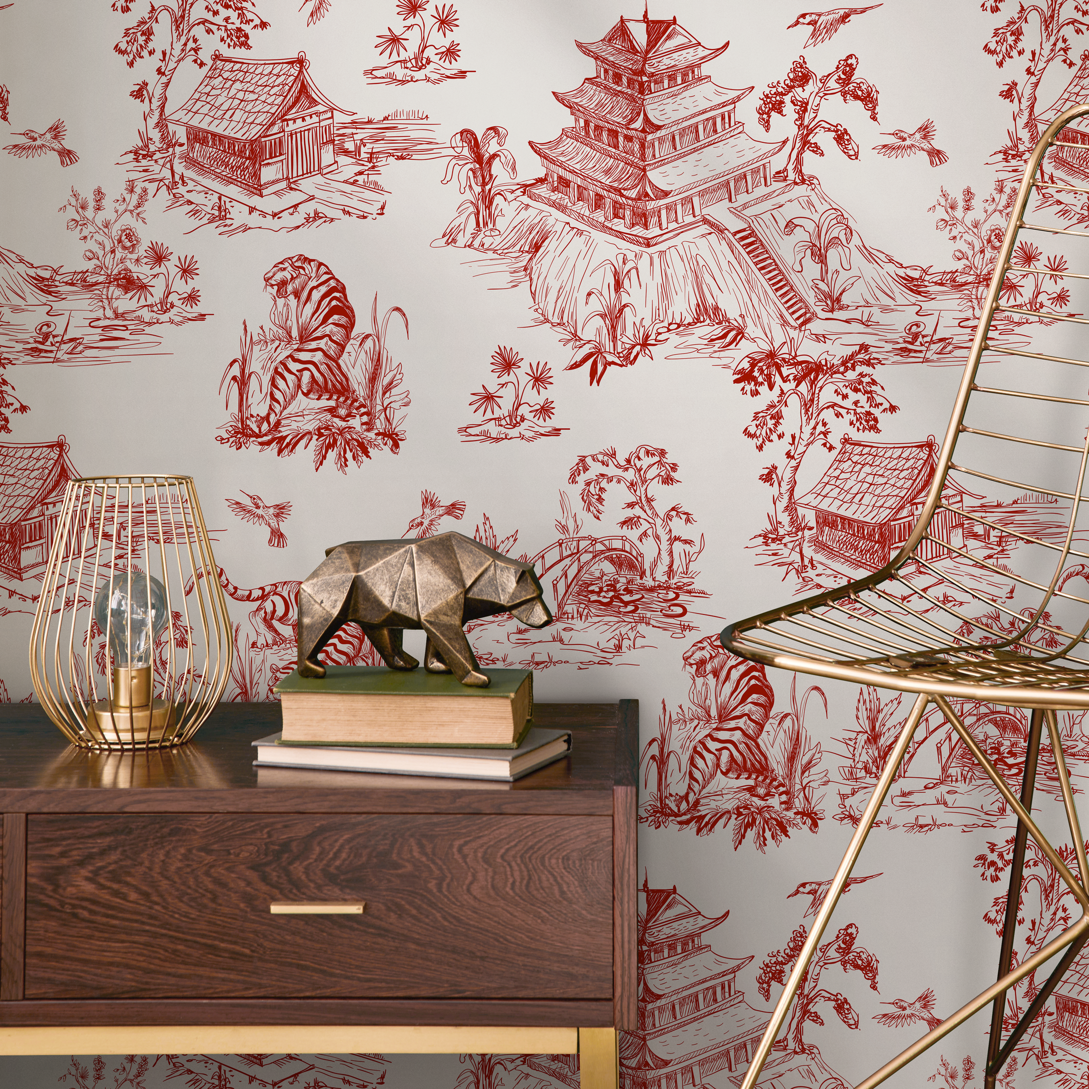Chinoiserie Wallpaper With A Tiger And Pagoda Toile Motif In Red - C105
