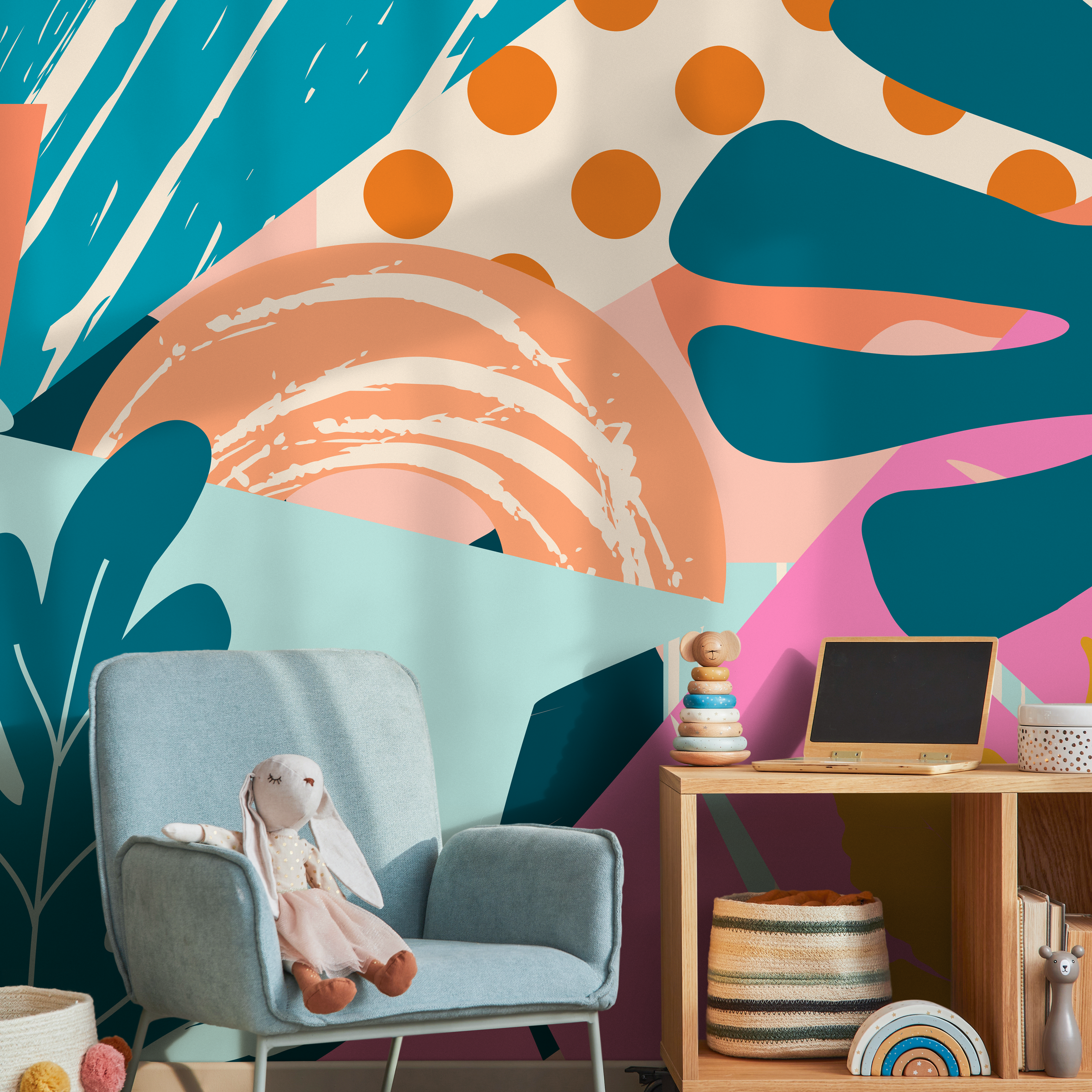 Abstract Wallpaper With A Colorful Collage Of Shapes In Teal, Orange, And Pink - C106