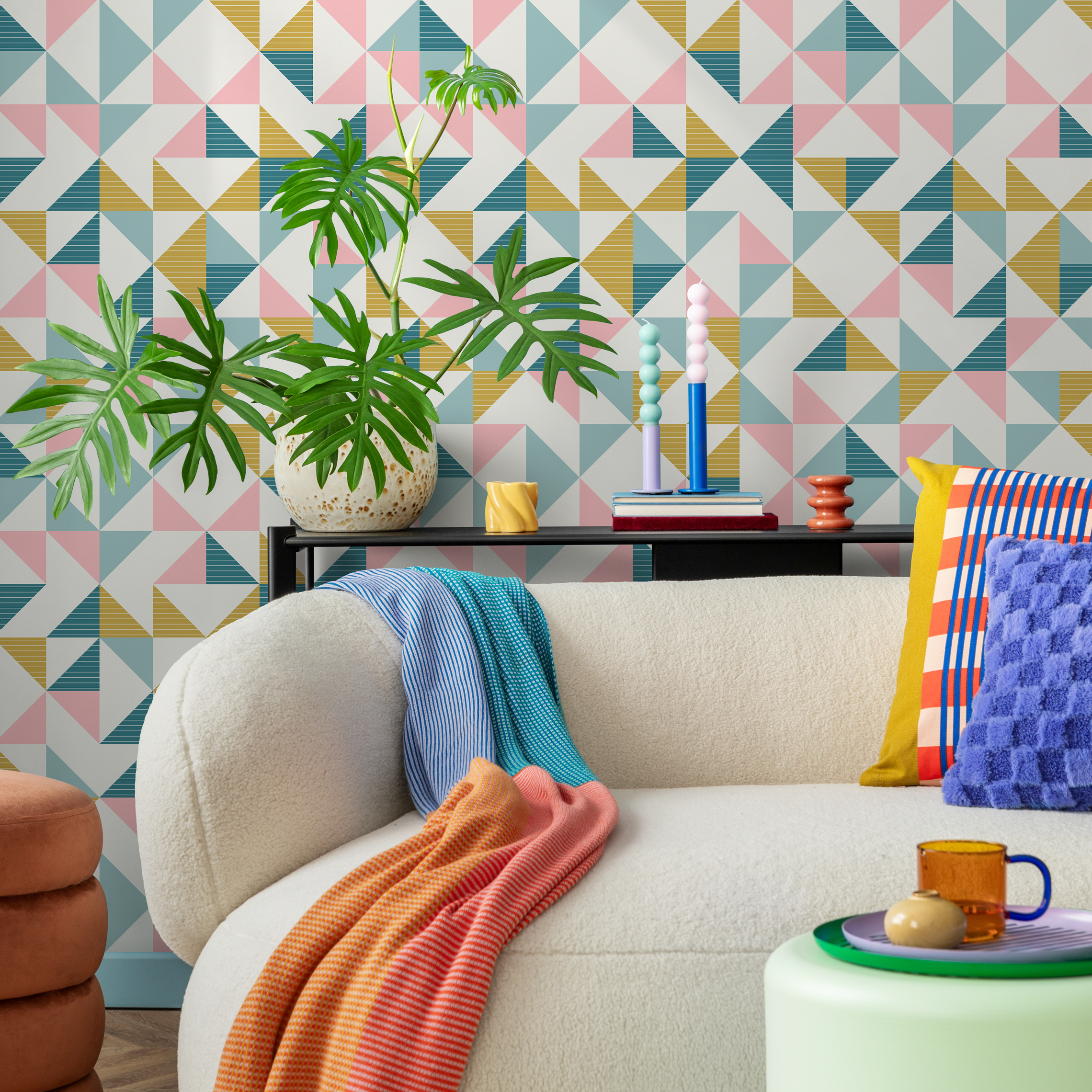 Geometric Wallpaper With A Colorful Triangle Pattern In Teal, Pink, And Yellow - C107