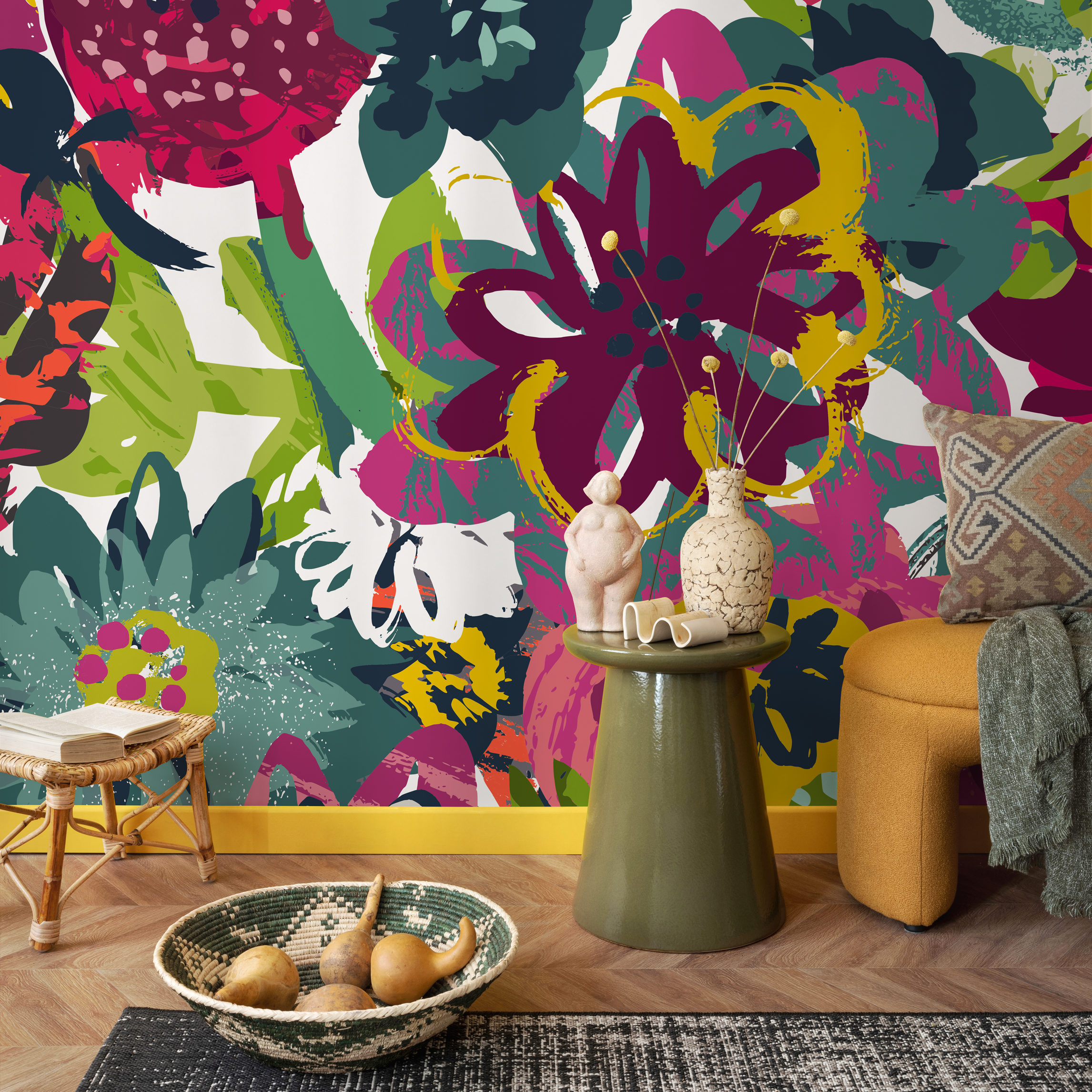 Abstract Floral Wallpaper With A Bold Brushstroke Motif In Magenta, Green, And Yellow - C109