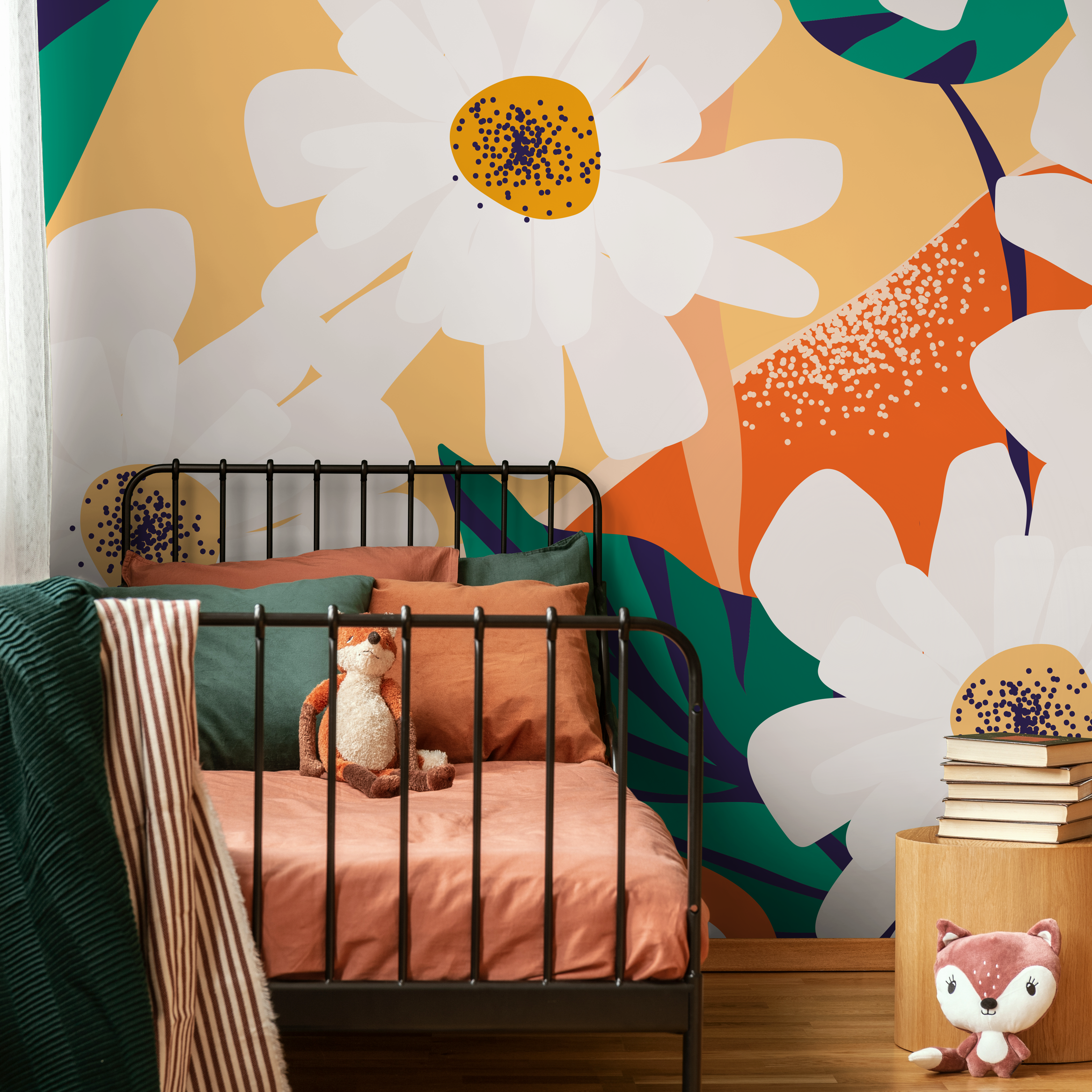 Floral Wallpaper With Large Graphic Daisies In Yellow, Orange, And Green - C111