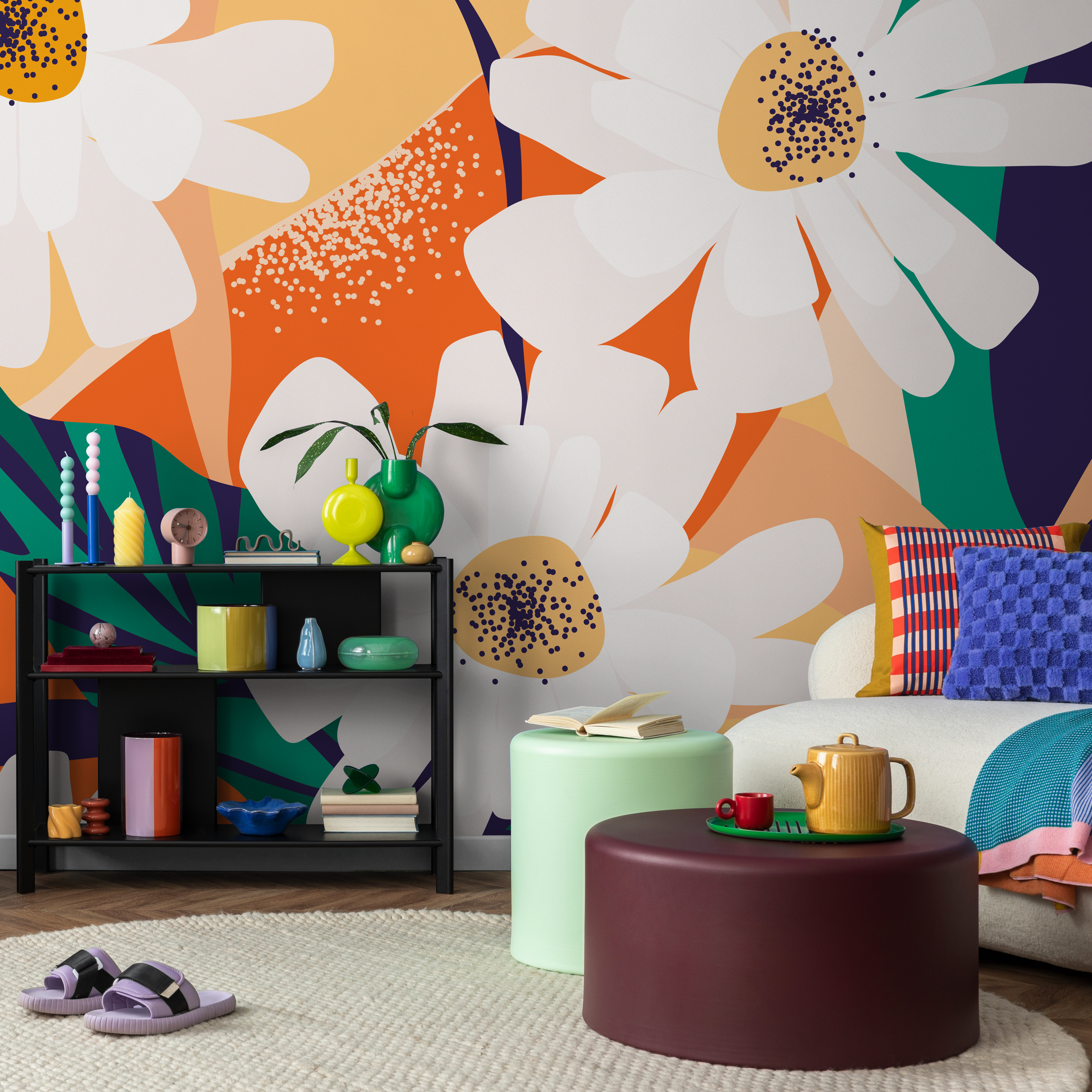 Floral Wallpaper With Large Graphic Daisies In Yellow, Orange, And Green - C111