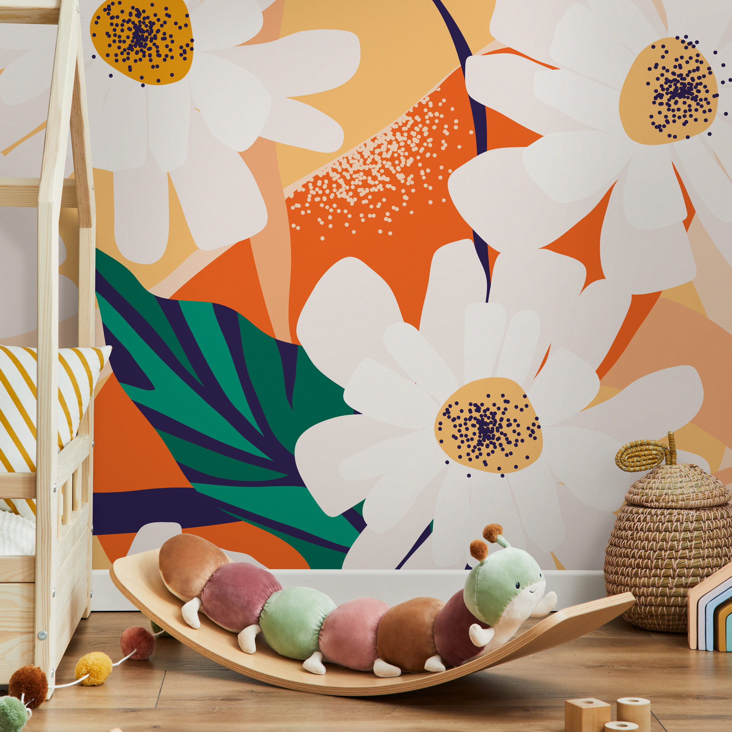 Floral Wallpaper With Large Graphic Daisies In Yellow, Orange, And Green - C111