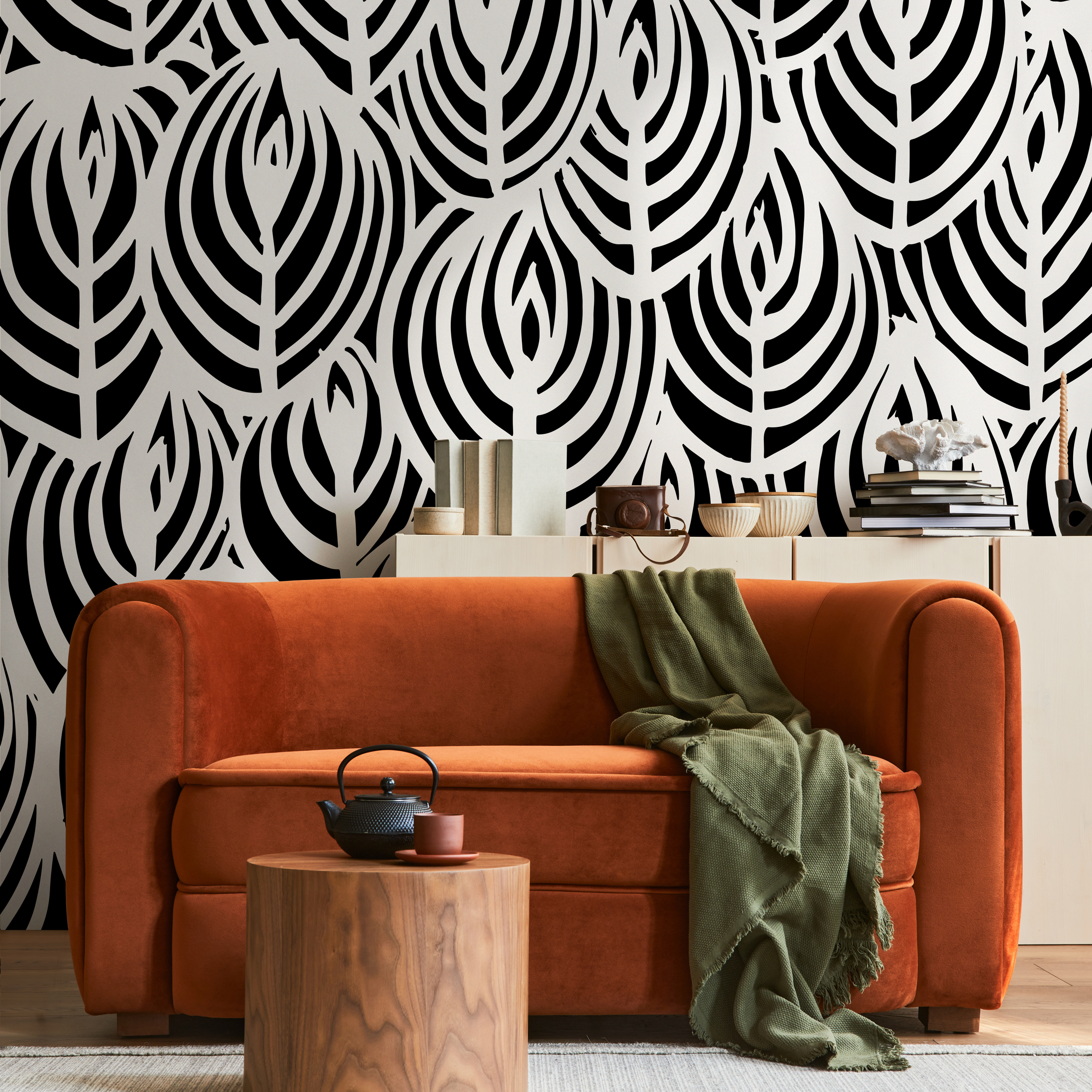 Abstract Wallpaper With An Overlapping Leaf Motif In Black And White - C114