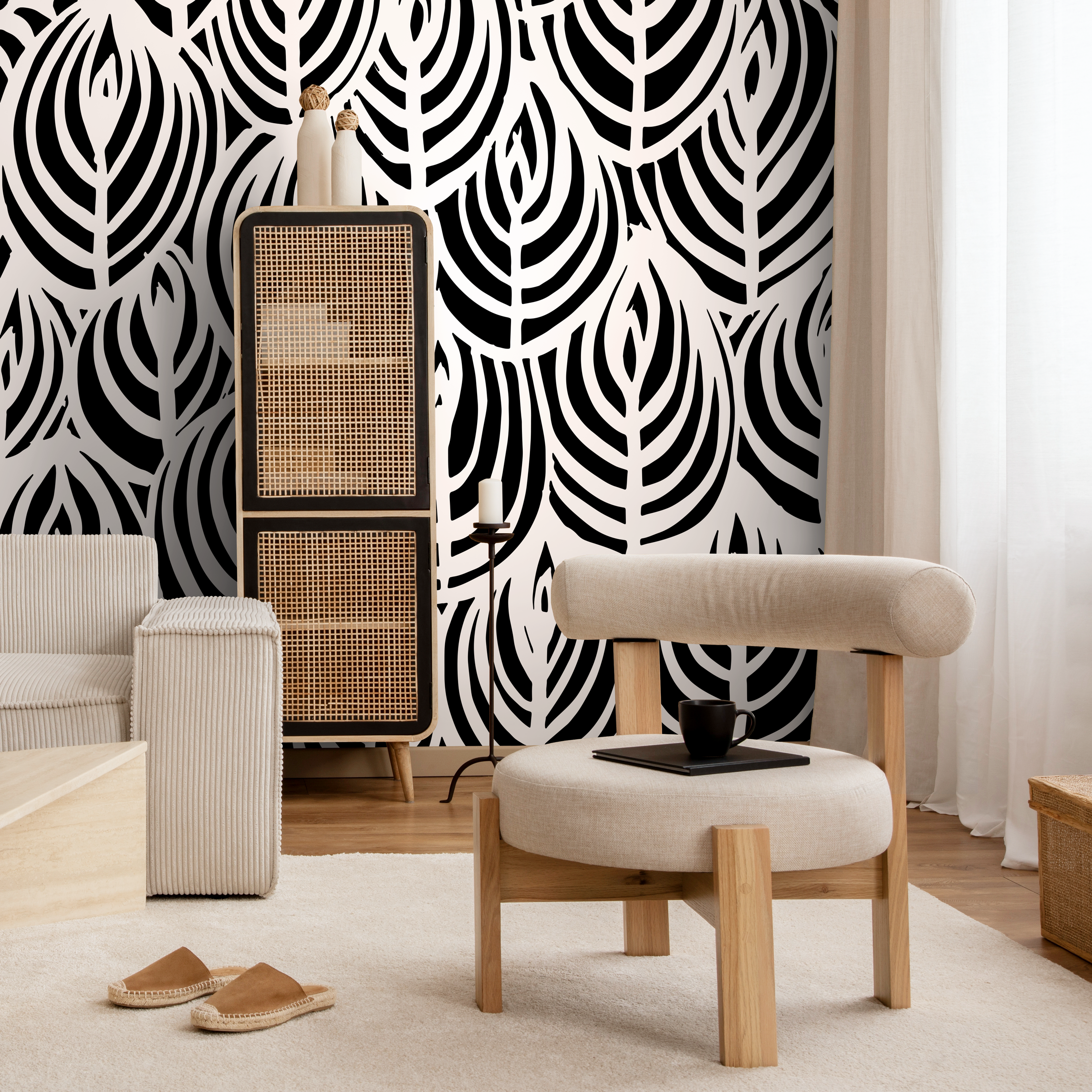 Abstract Wallpaper With An Overlapping Leaf Motif In Black And White - C114