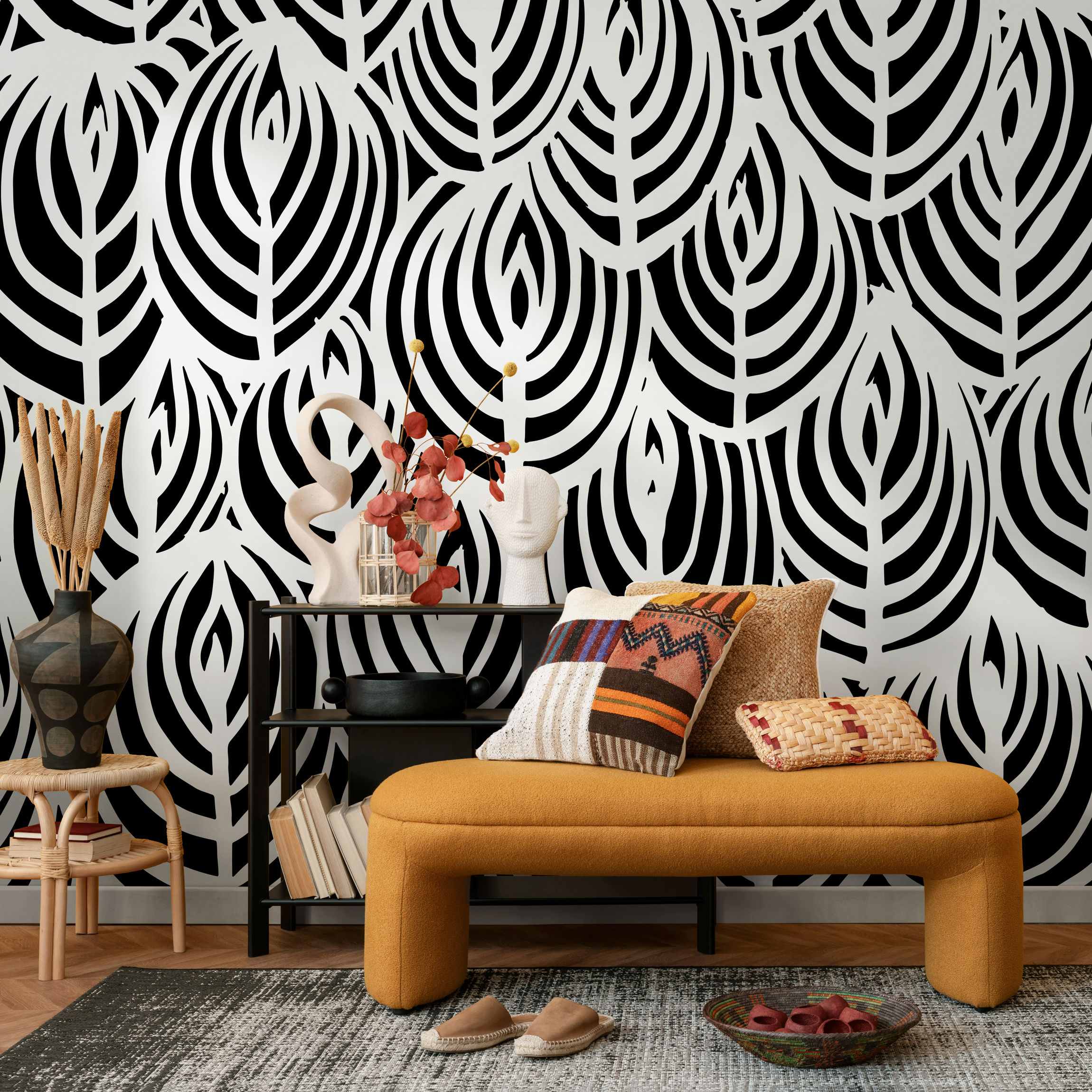 Abstract Wallpaper With An Overlapping Leaf Motif In Black And White - C114