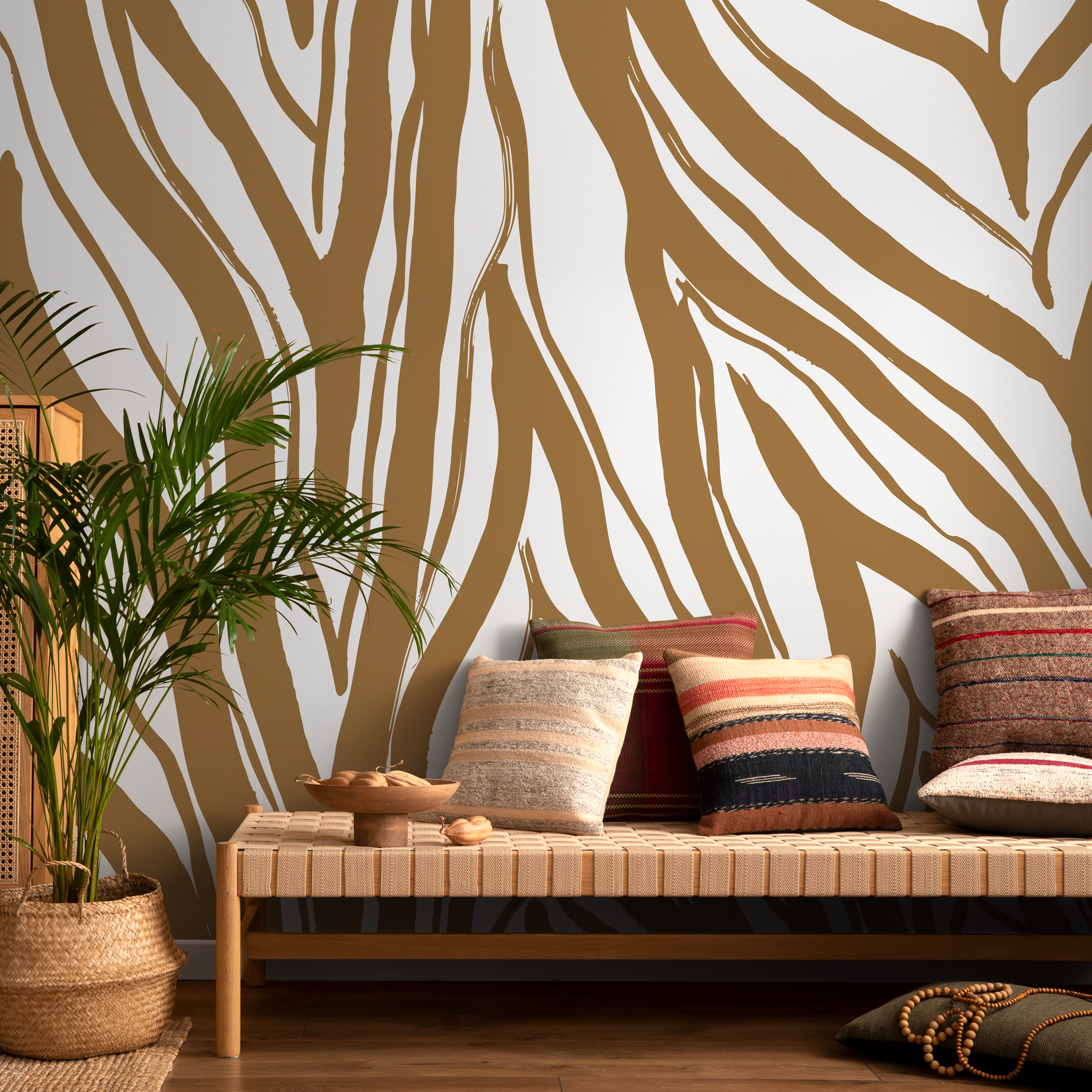 Abstract Wallpaper With Bold Brushstroke Stripes In Brown And White - C115
