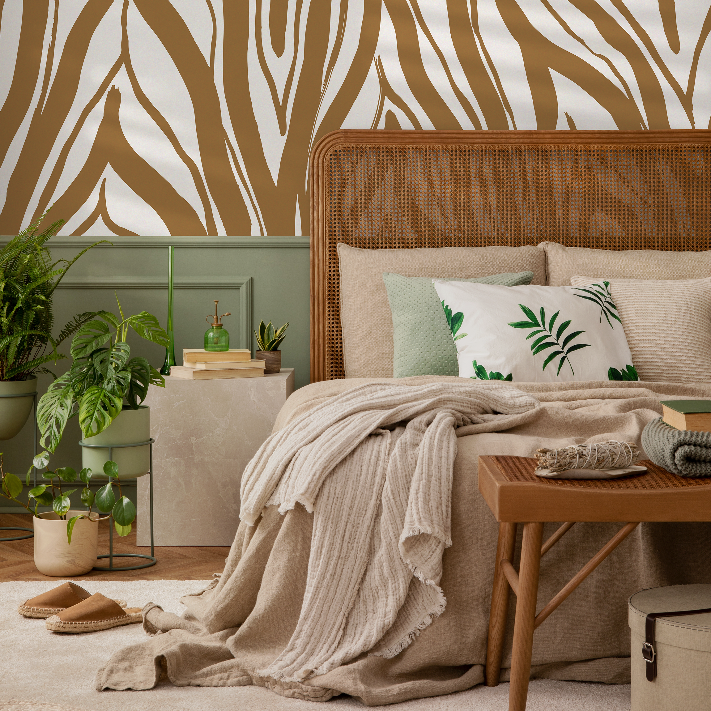 Abstract Wallpaper With Bold Brushstroke Stripes In Brown And White - C115